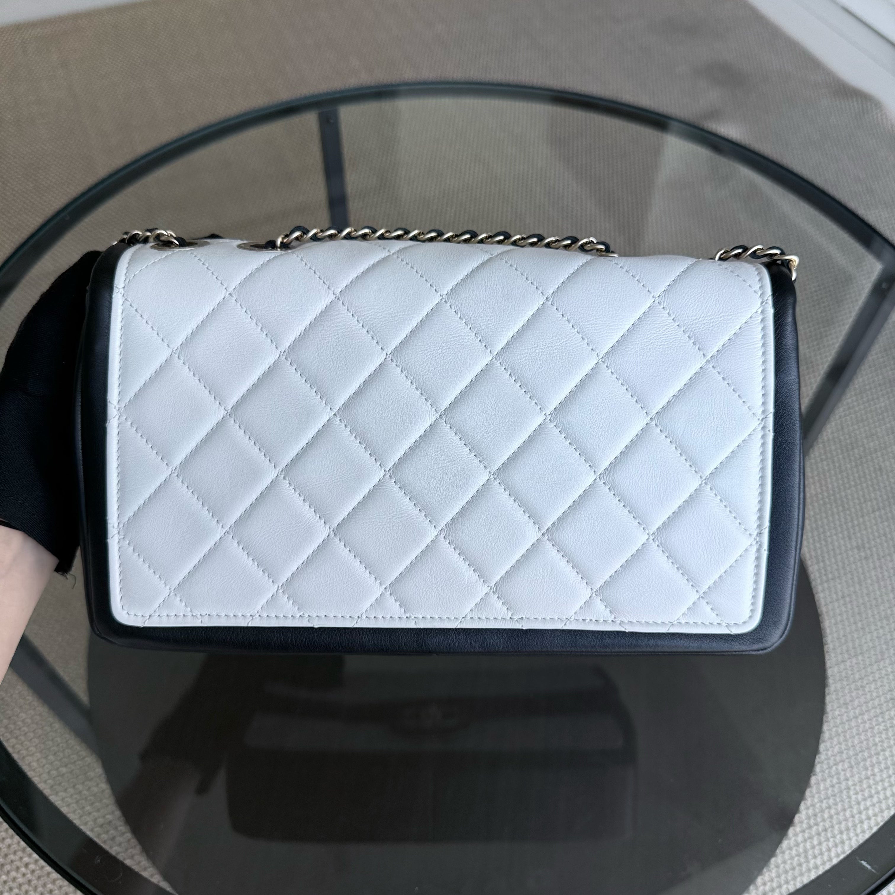 Chanel Seasonal Flap - 25CM Quilted Lambskin Bi-Color White Black Gold Hardware Series 20