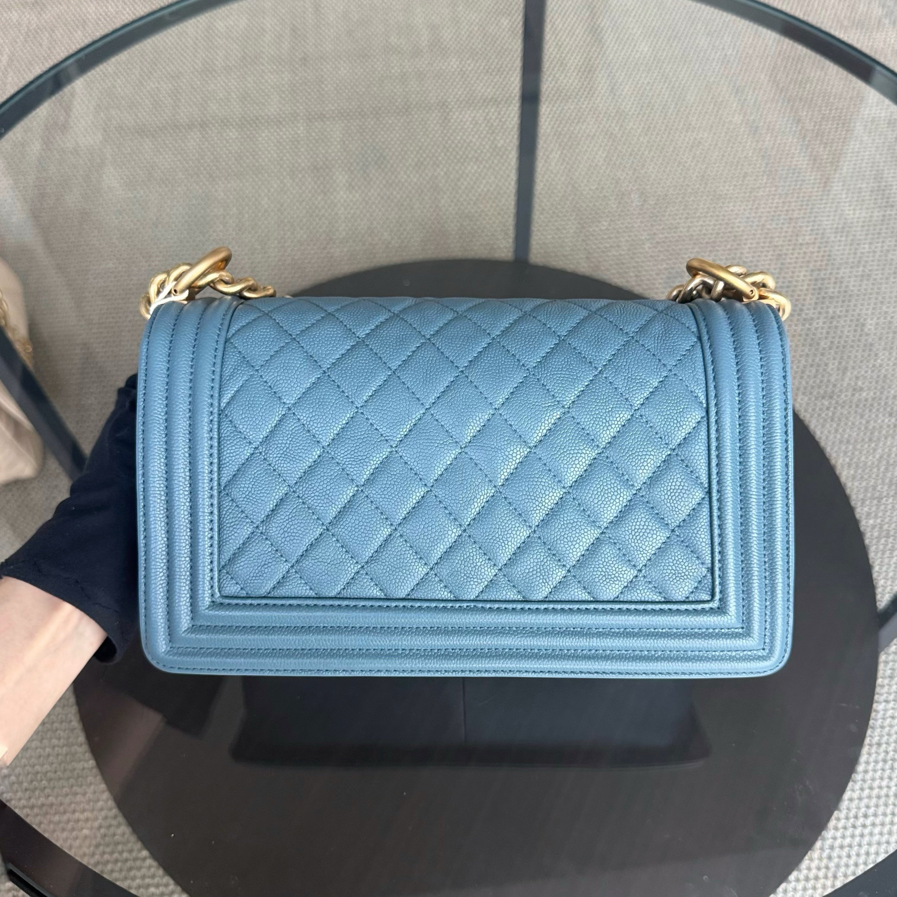 Chanel Boy Medium - Caviar 25CM Quilted Blue Gold Hardware 25