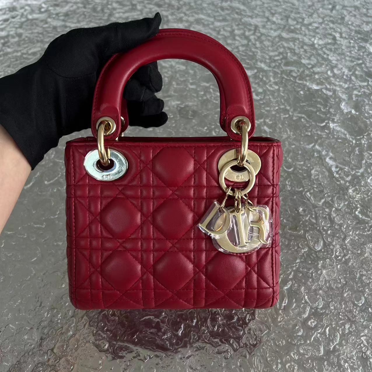 *2020, Chain strap* Dior Lady Mini Cannage Lambskin Burgundy Red Golden Hardware - Luxury Evermore