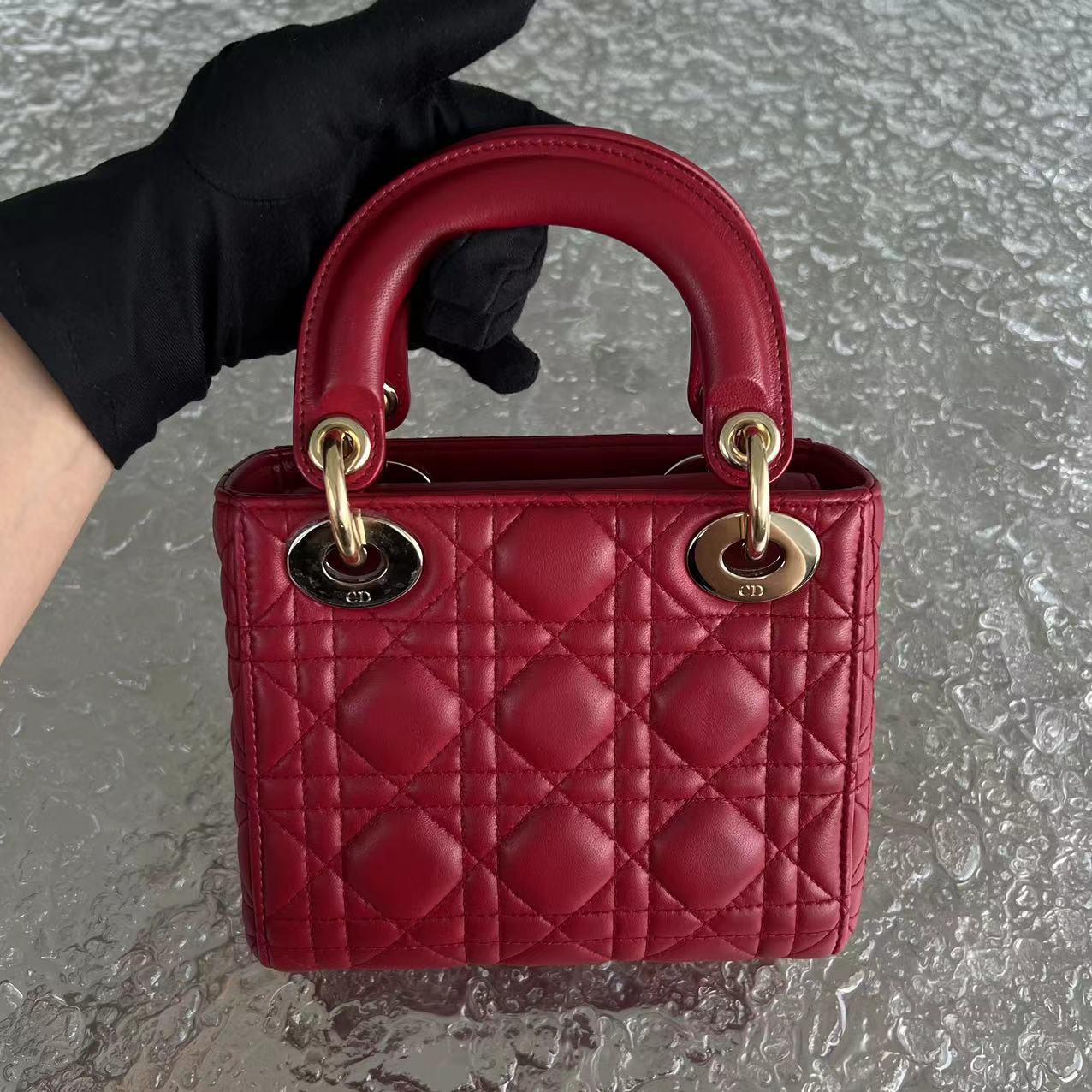 *2020, Chain strap* Dior Lady Mini Cannage Lambskin Burgundy Red Golden Hardware - Luxury Evermore