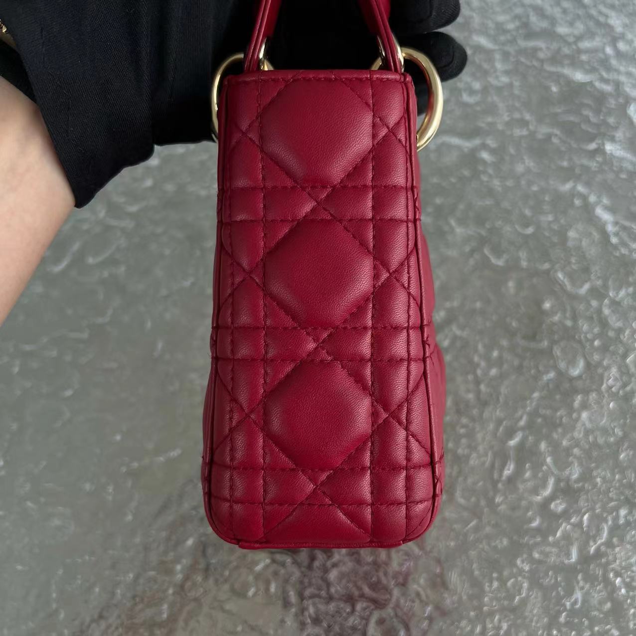 *2020, Chain strap* Dior Lady Mini Cannage Lambskin Burgundy Red Golden Hardware - Luxury Evermore