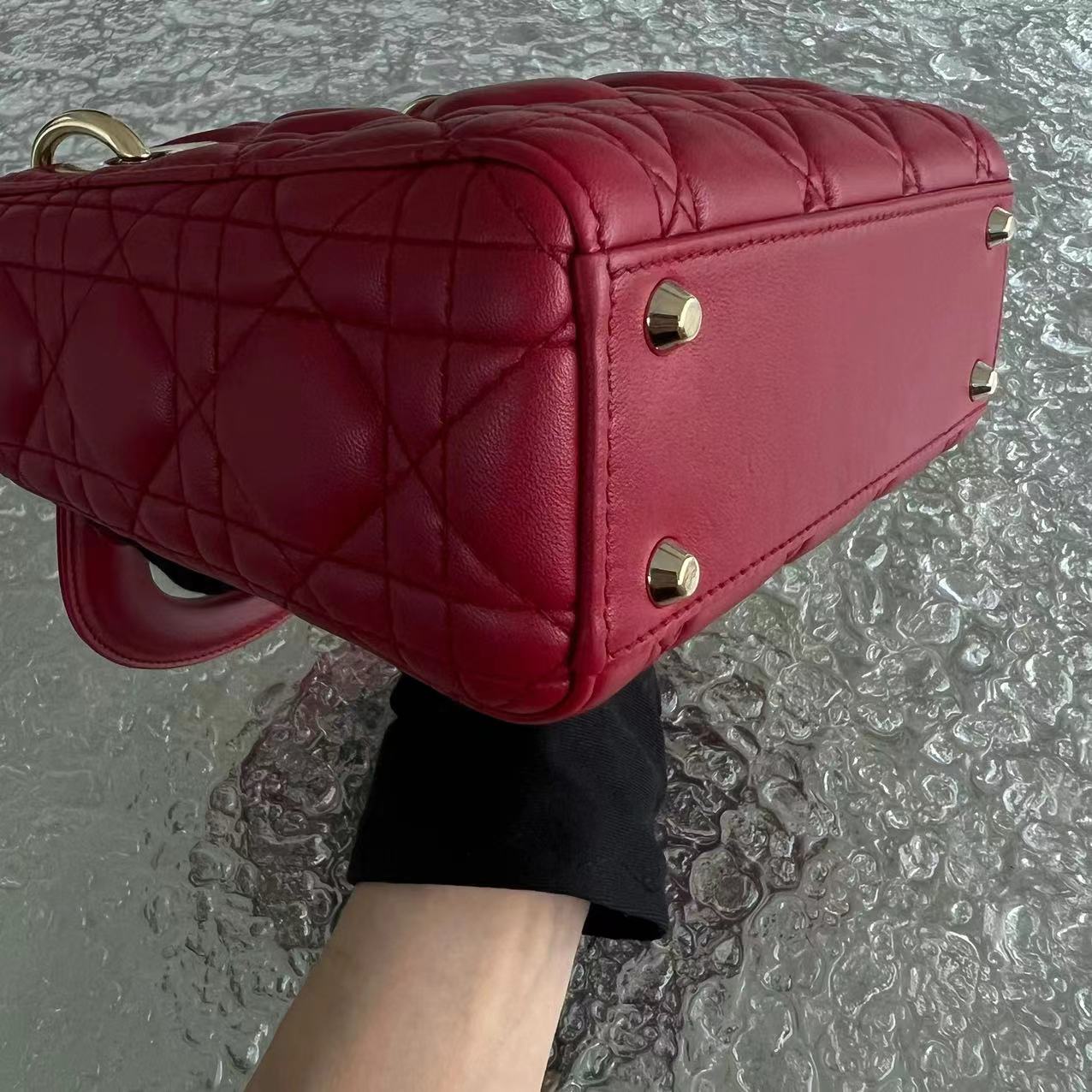 *2020, Chain strap* Dior Lady Mini Cannage Lambskin Burgundy Red Golden Hardware - Luxury Evermore
