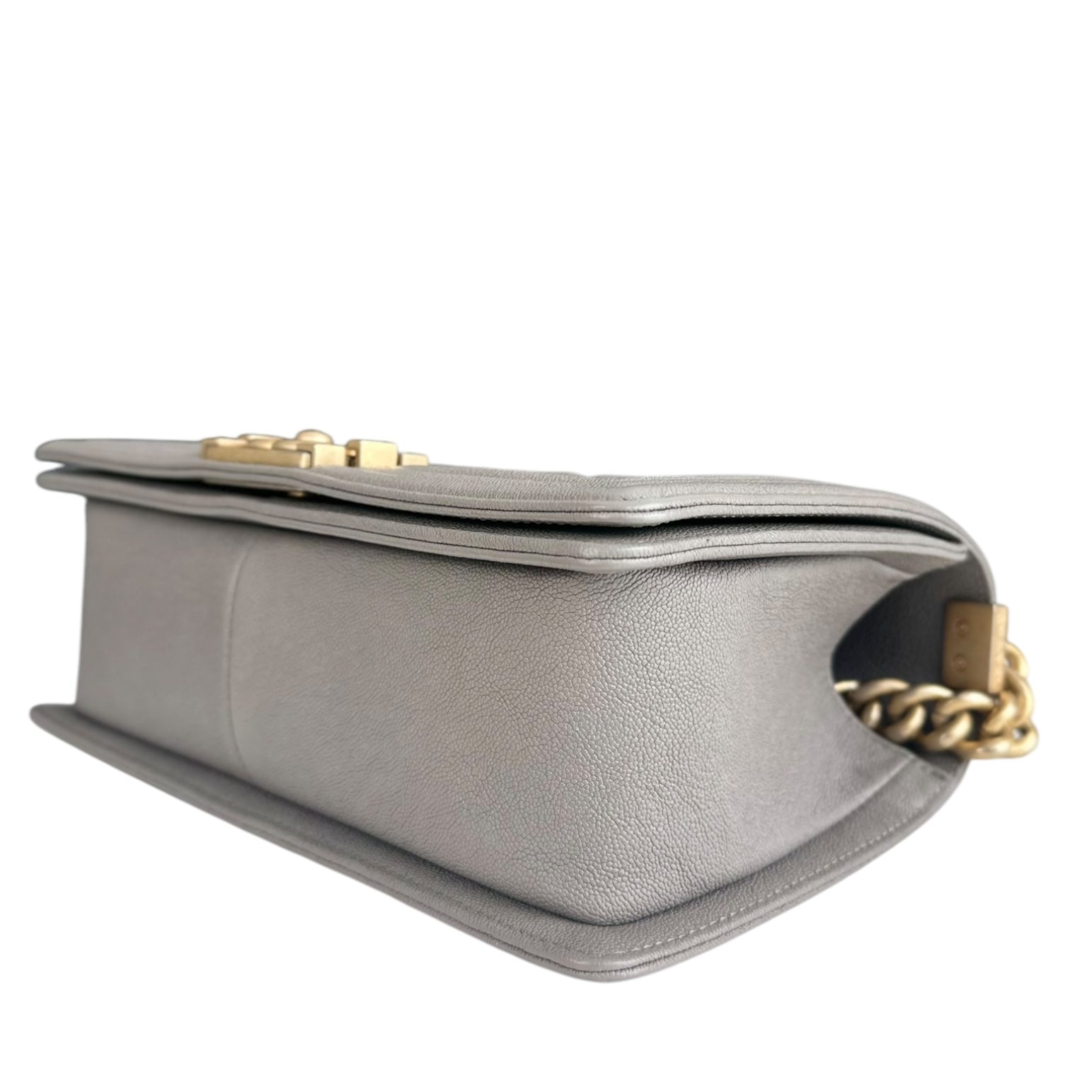 Chanel Boy Medium - Caviar 25CM Quilted Light Grey Gray Gold Hardware Series 26