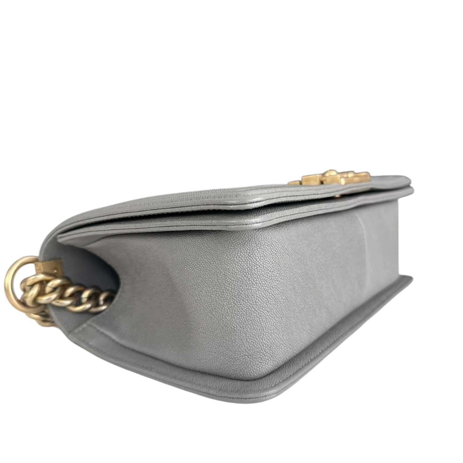 Chanel Boy Medium - Caviar 25CM Quilted Light Grey Gray Gold Hardware Series 26