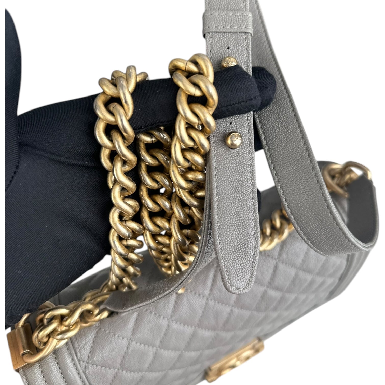 Chanel Boy Medium - Caviar 25CM Quilted Light Grey Gray Gold Hardware Series 26