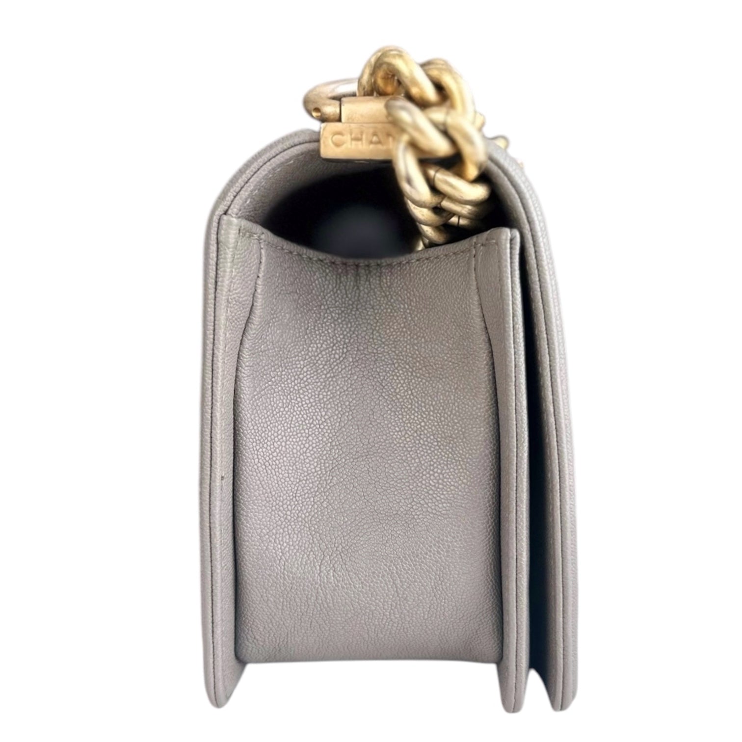 Chanel Boy Medium - Caviar 25CM Quilted Light Grey Gray Gold Hardware Series 26