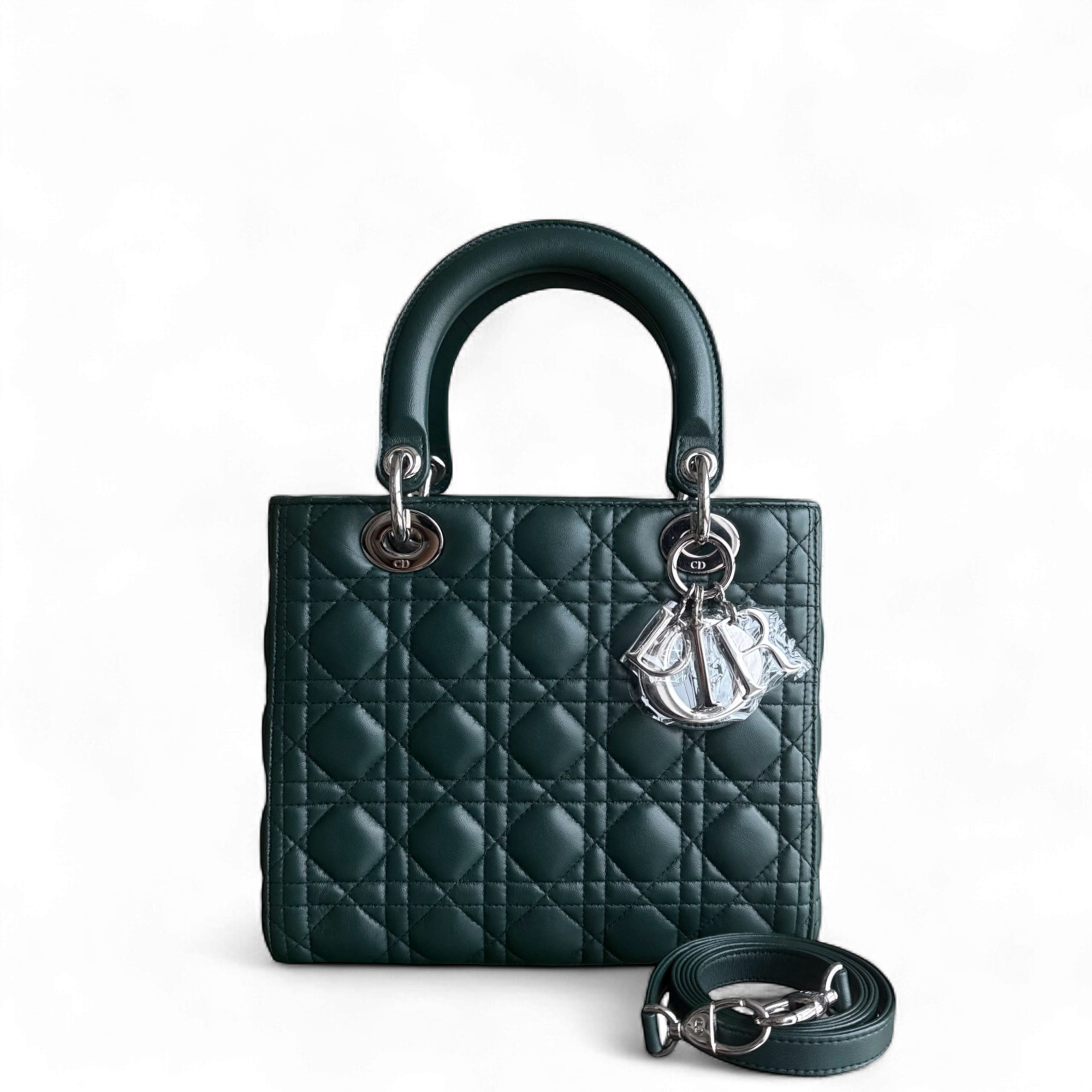 Dior Lady Medium - Cannage Lambskin Dark Green Silver Hardware