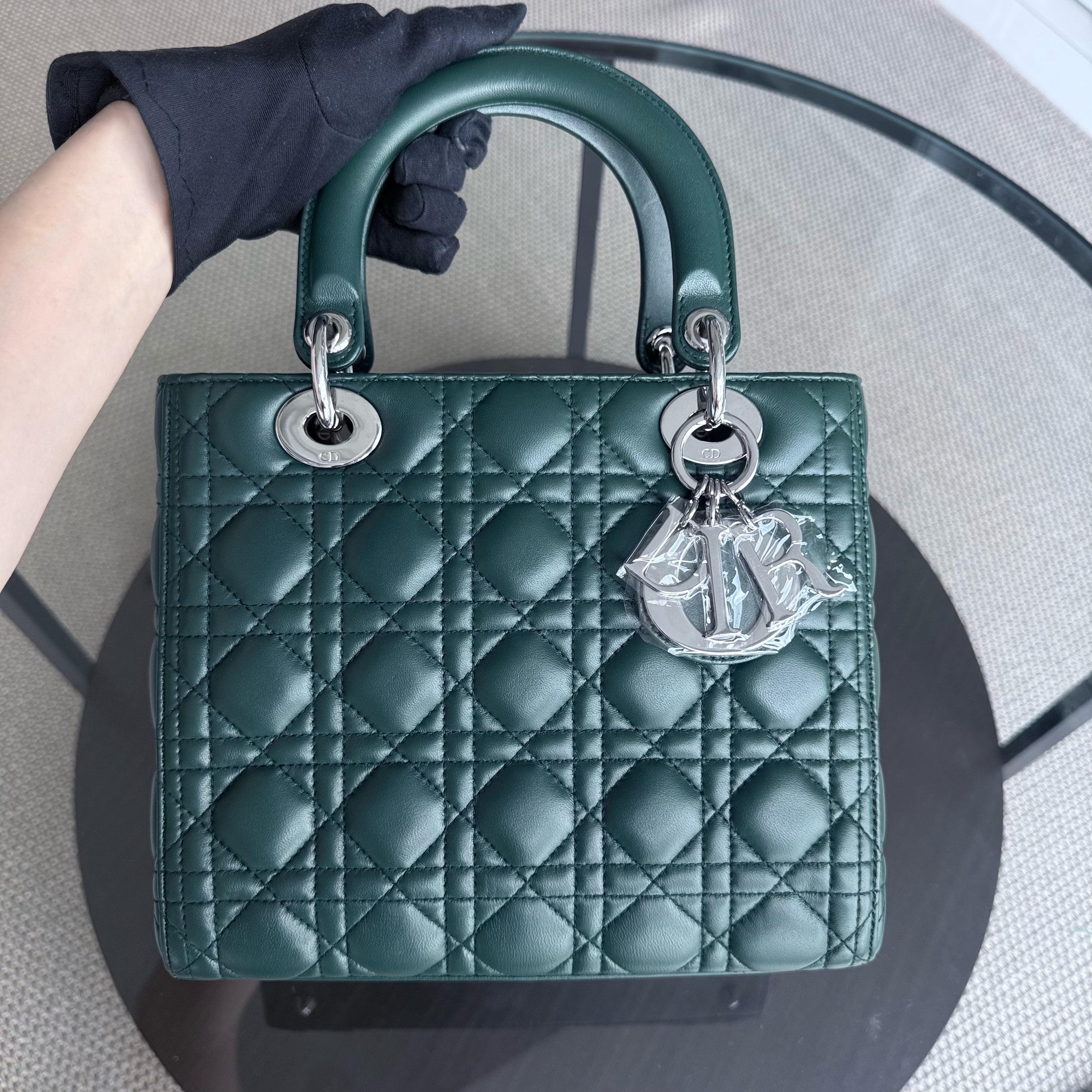 Dior Lady Medium - Cannage Lambskin Dark Green Silver Hardware