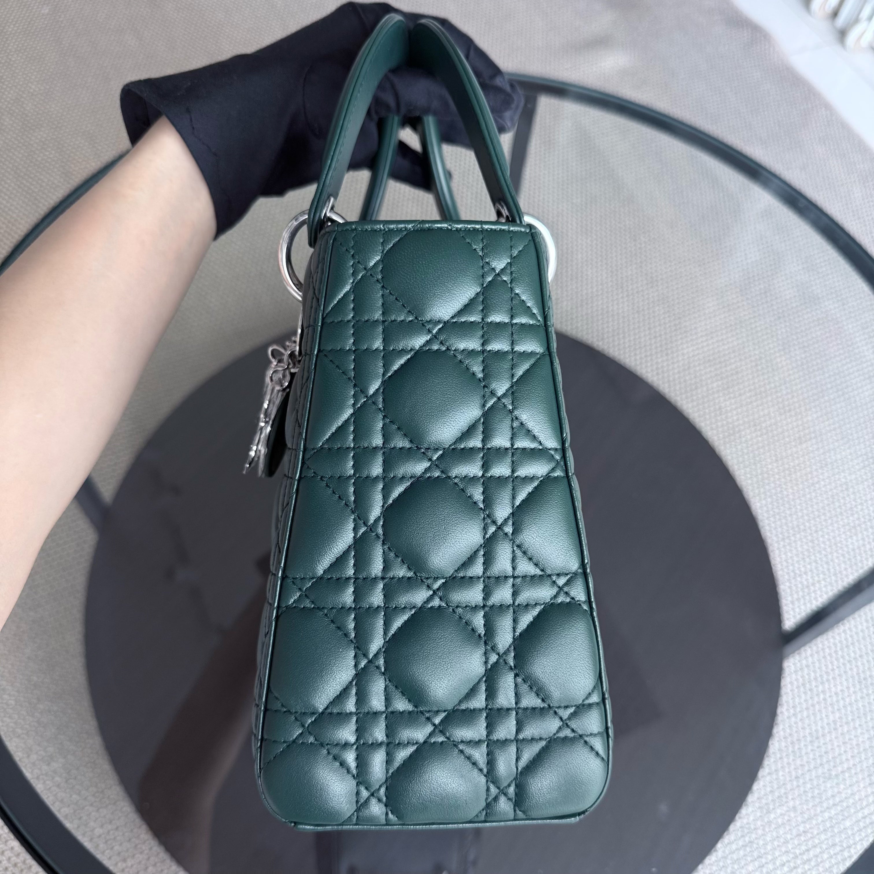 Dior Lady Medium - Cannage Lambskin Dark Green Silver Hardware