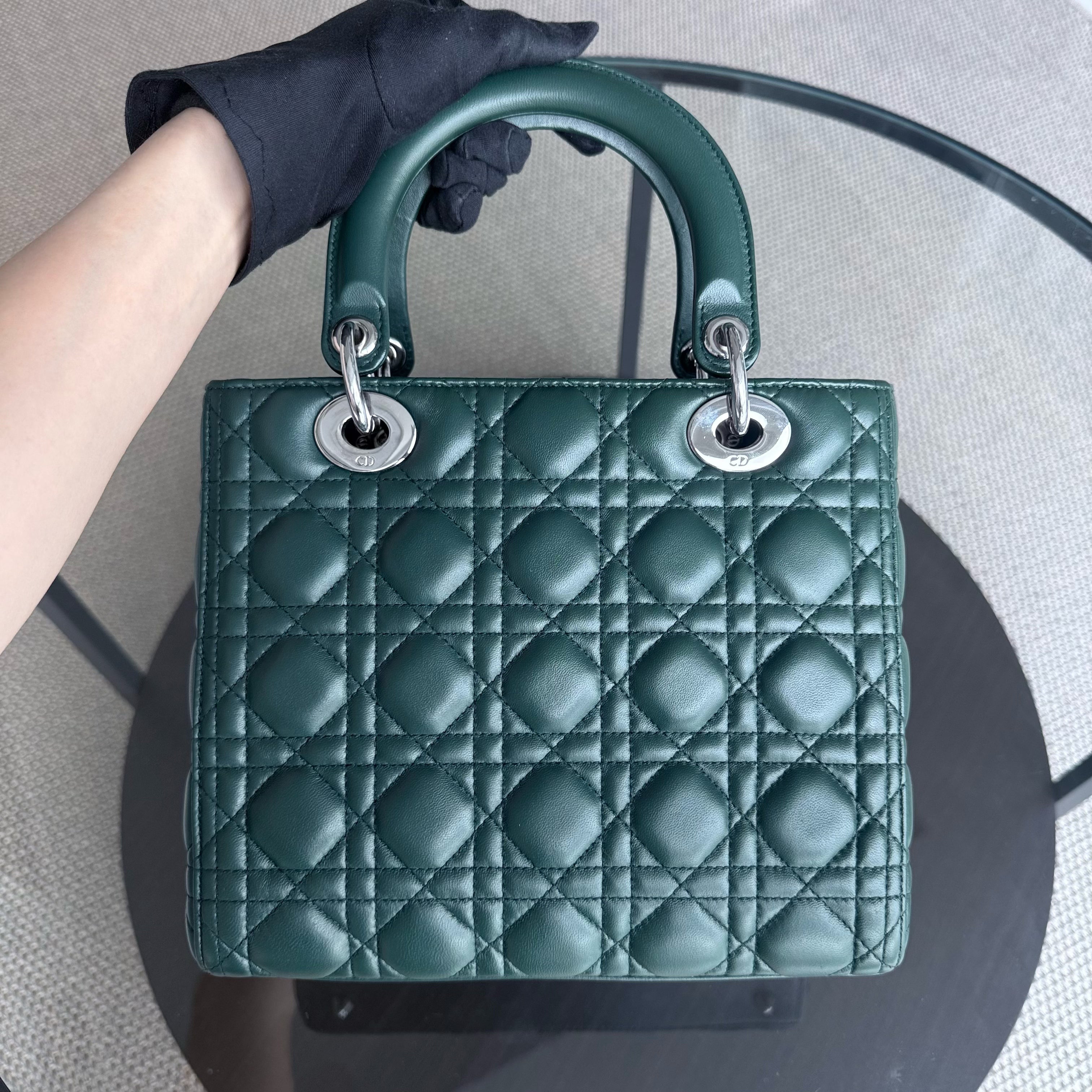 Dior Lady Medium - Cannage Lambskin Dark Green Silver Hardware