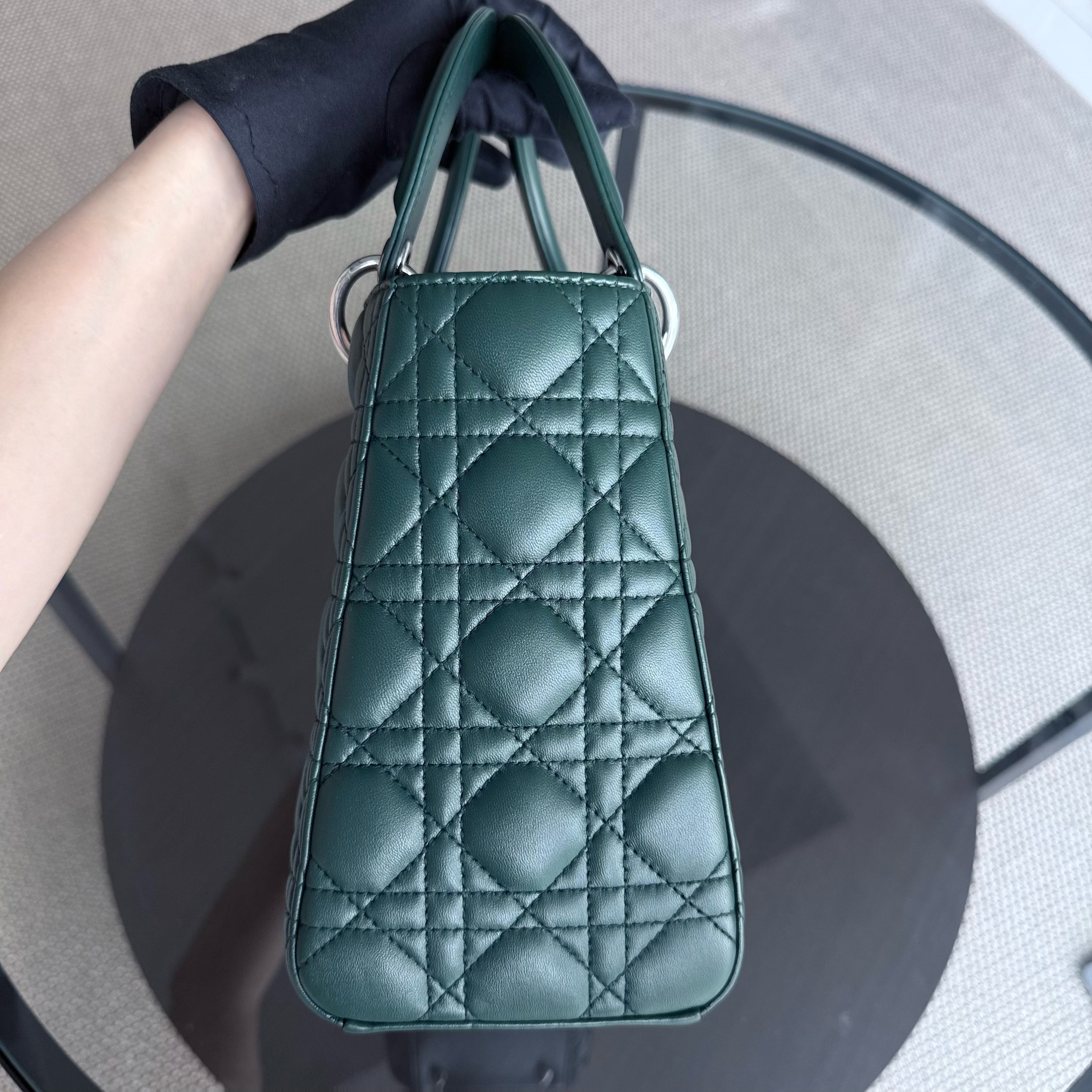 Dior Lady Medium - Cannage Lambskin Dark Green Silver Hardware
