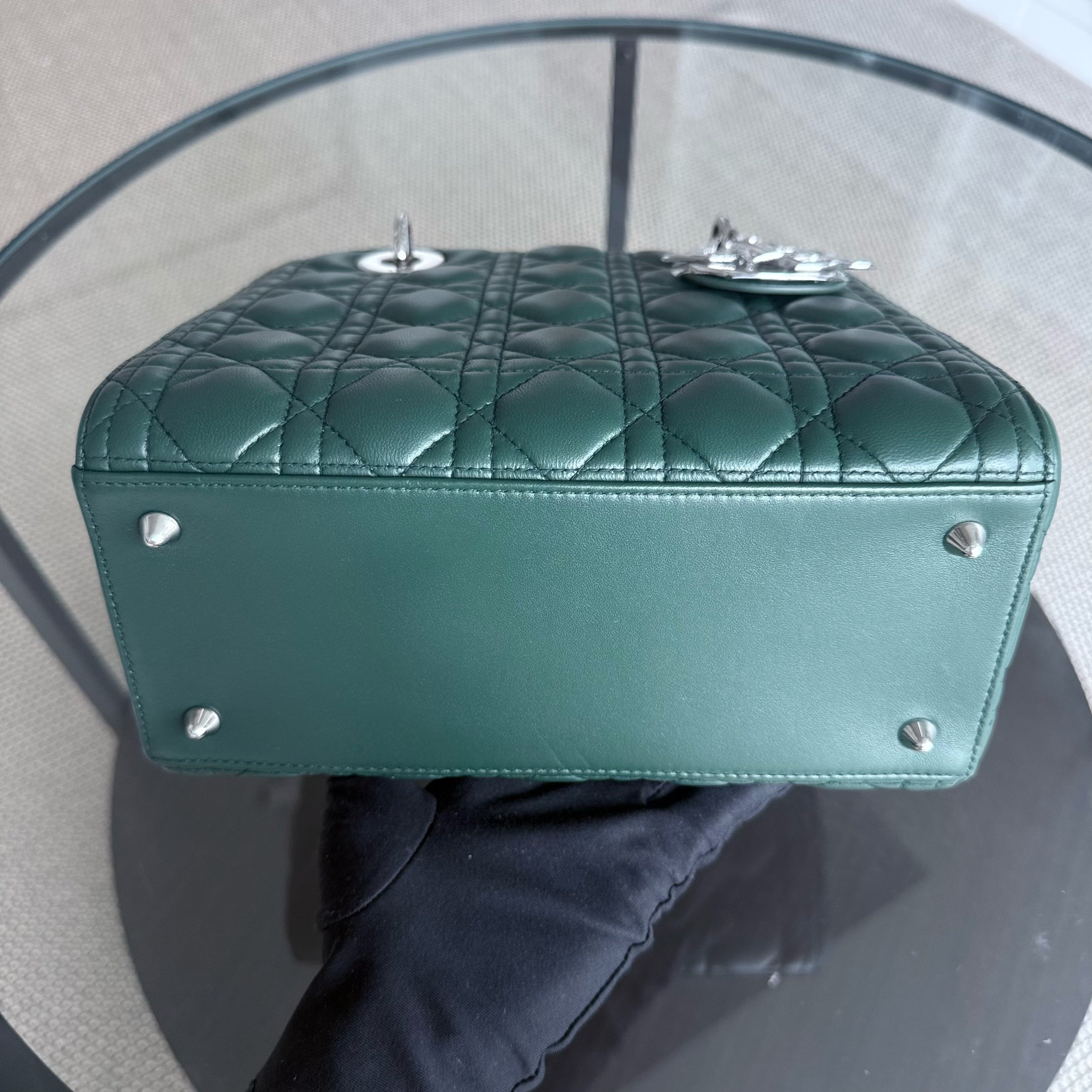 Dior Lady Medium - Cannage Lambskin Dark Green Silver Hardware