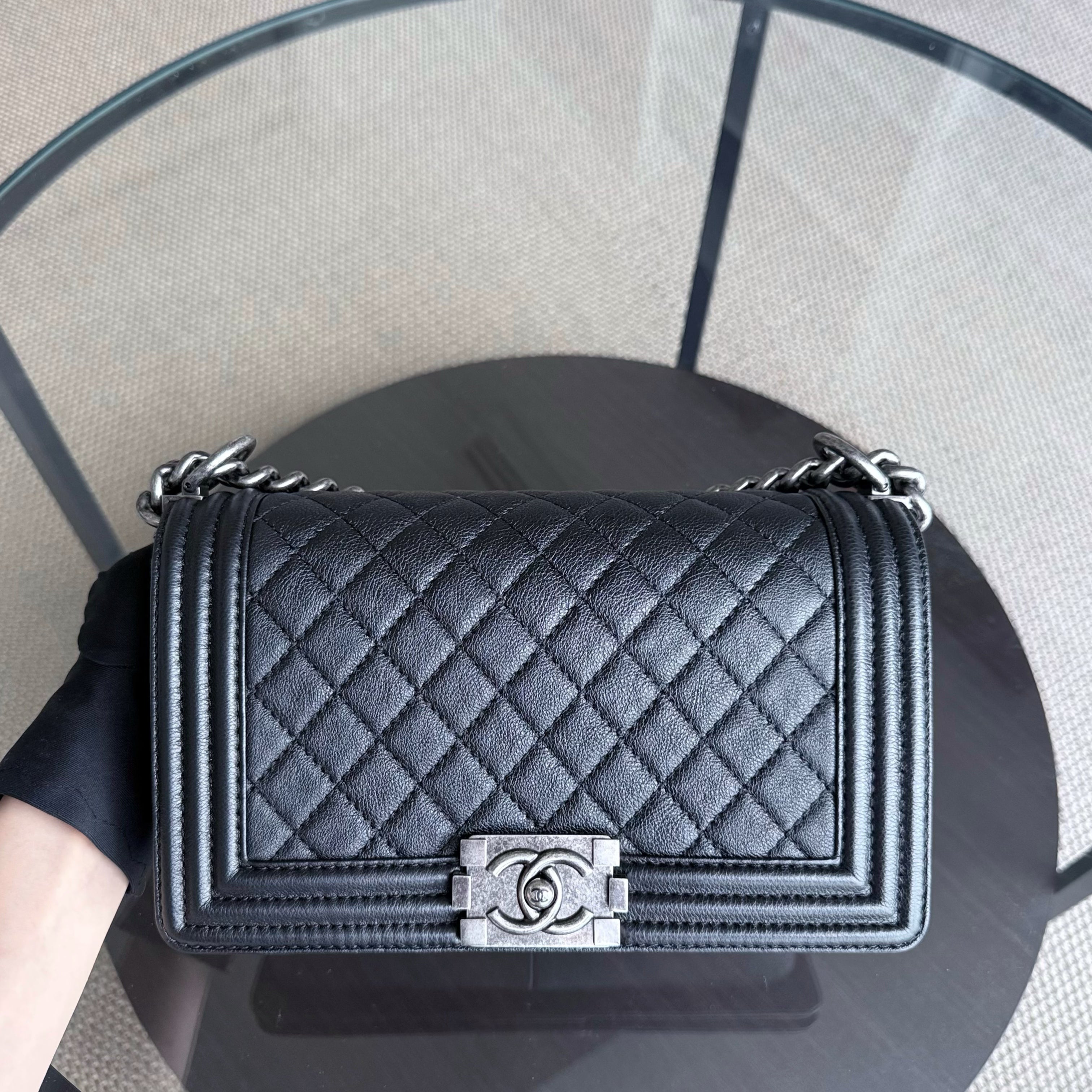 Chanel Boy Medium - 25CM Quilted Grained Aged Calfskin Black Ruthenium Silver Hardware Series 18