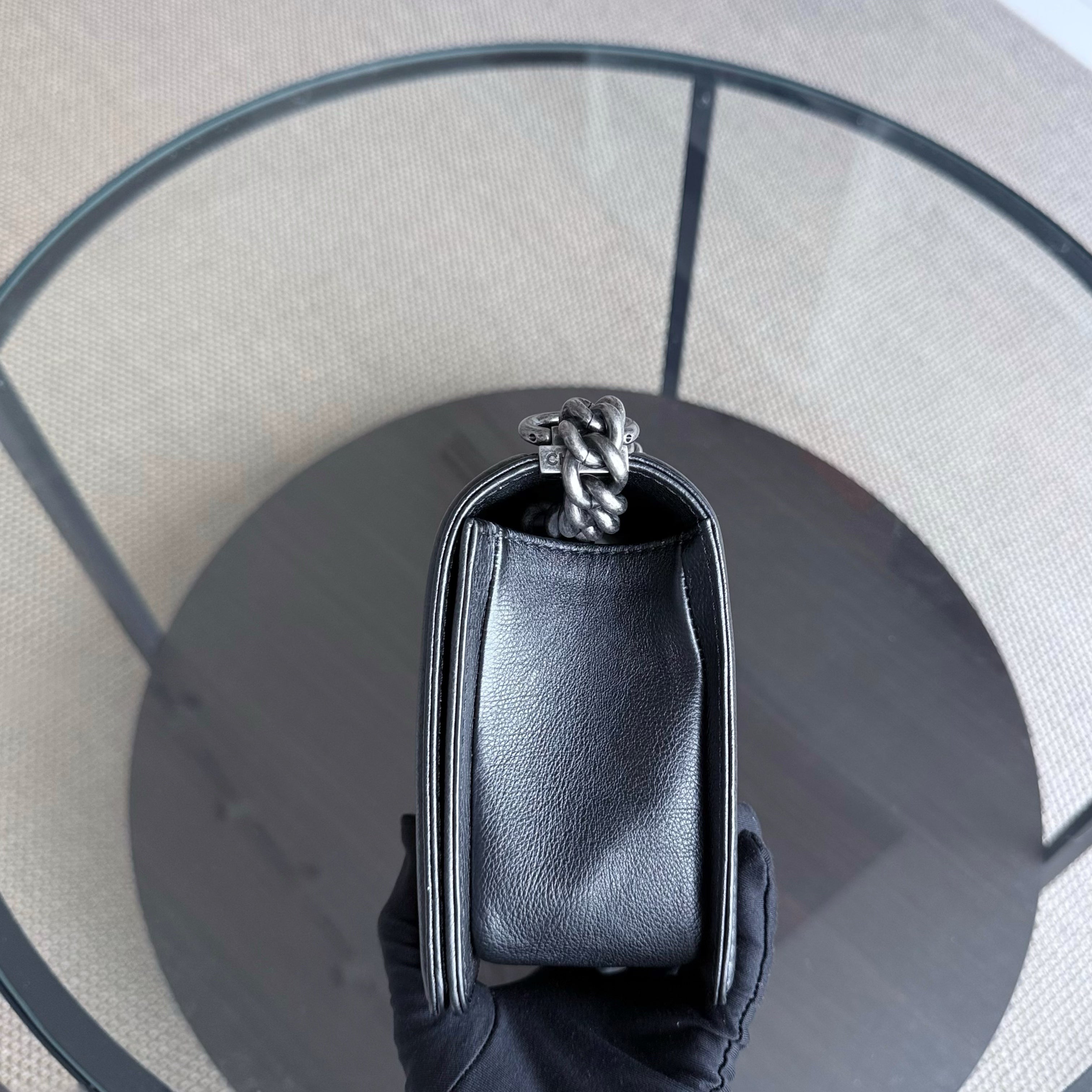 Chanel Boy Medium - 25CM Quilted Grained Aged Calfskin Black Ruthenium Silver Hardware Series 18