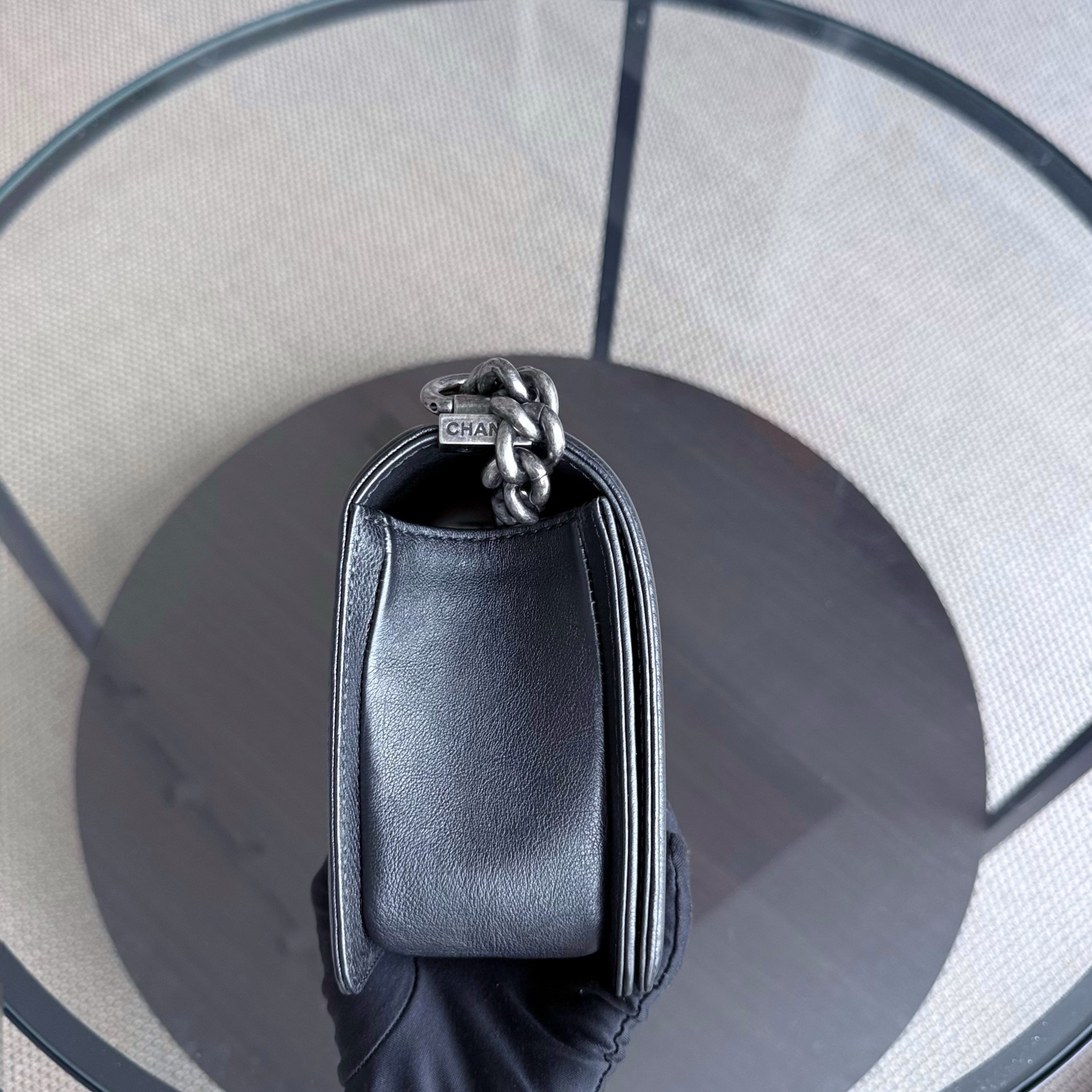 Chanel Boy Medium - 25CM Quilted Grained Aged Calfskin Black Ruthenium Silver Hardware Series 18