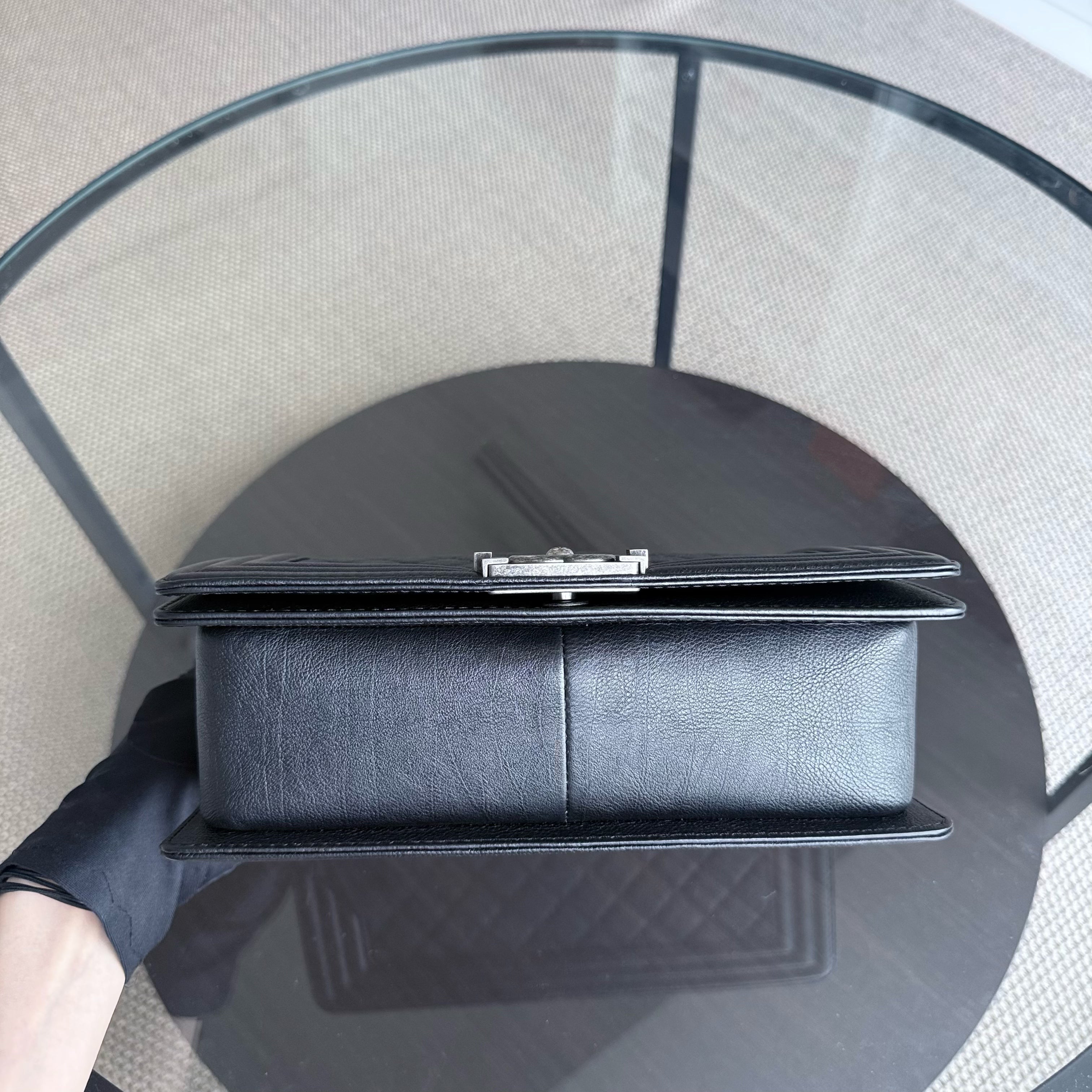 Chanel Boy Medium - 25CM Quilted Grained Aged Calfskin Black Ruthenium Silver Hardware Series 18