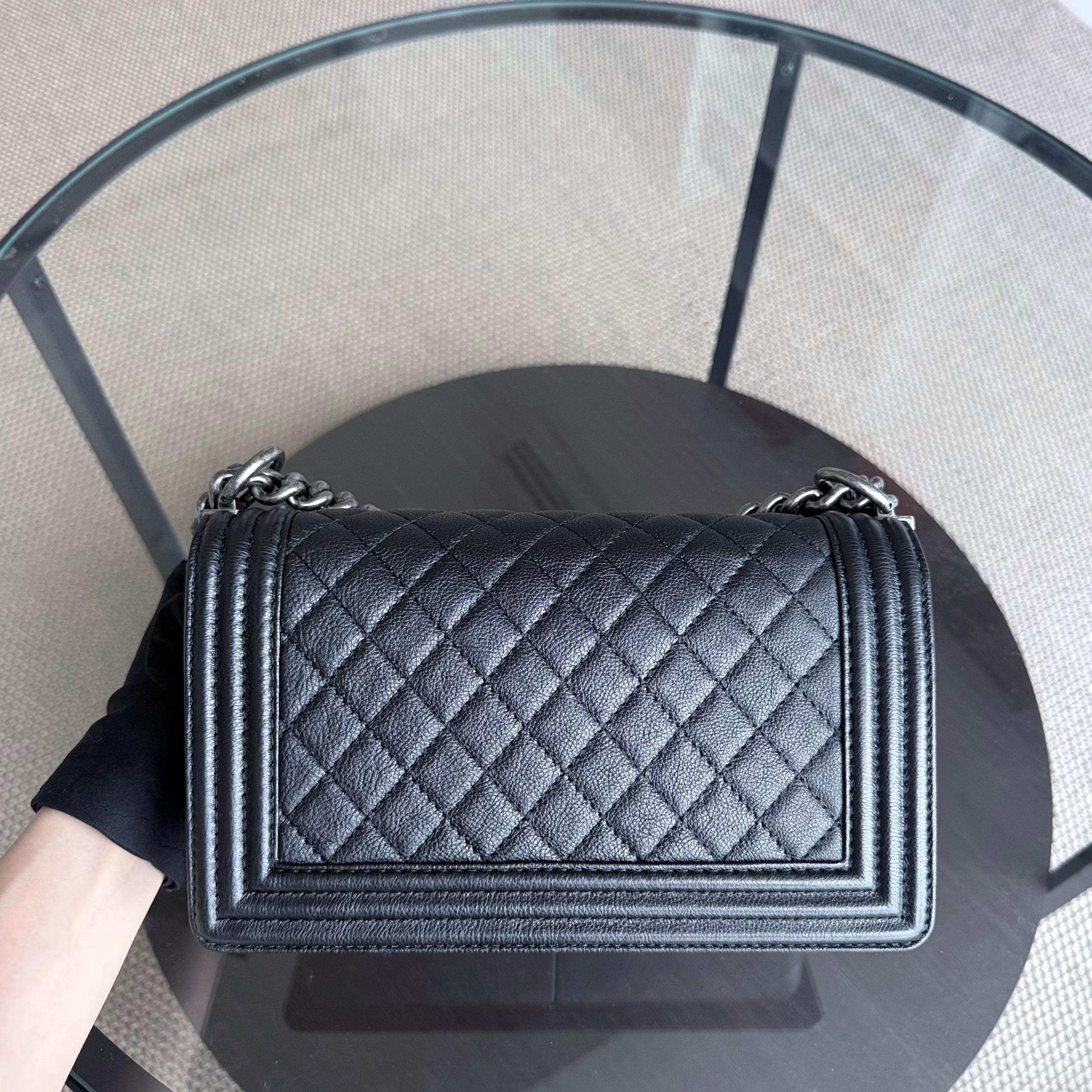 Chanel Boy Medium - 25CM Quilted Grained Aged Calfskin Black Ruthenium Silver Hardware Series 18