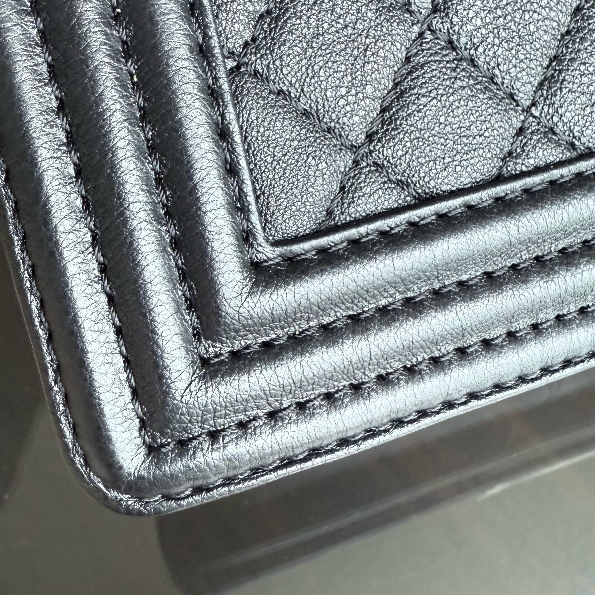 Chanel Boy Medium - 25CM Quilted Grained Aged Calfskin Black Ruthenium Silver Hardware Series 18