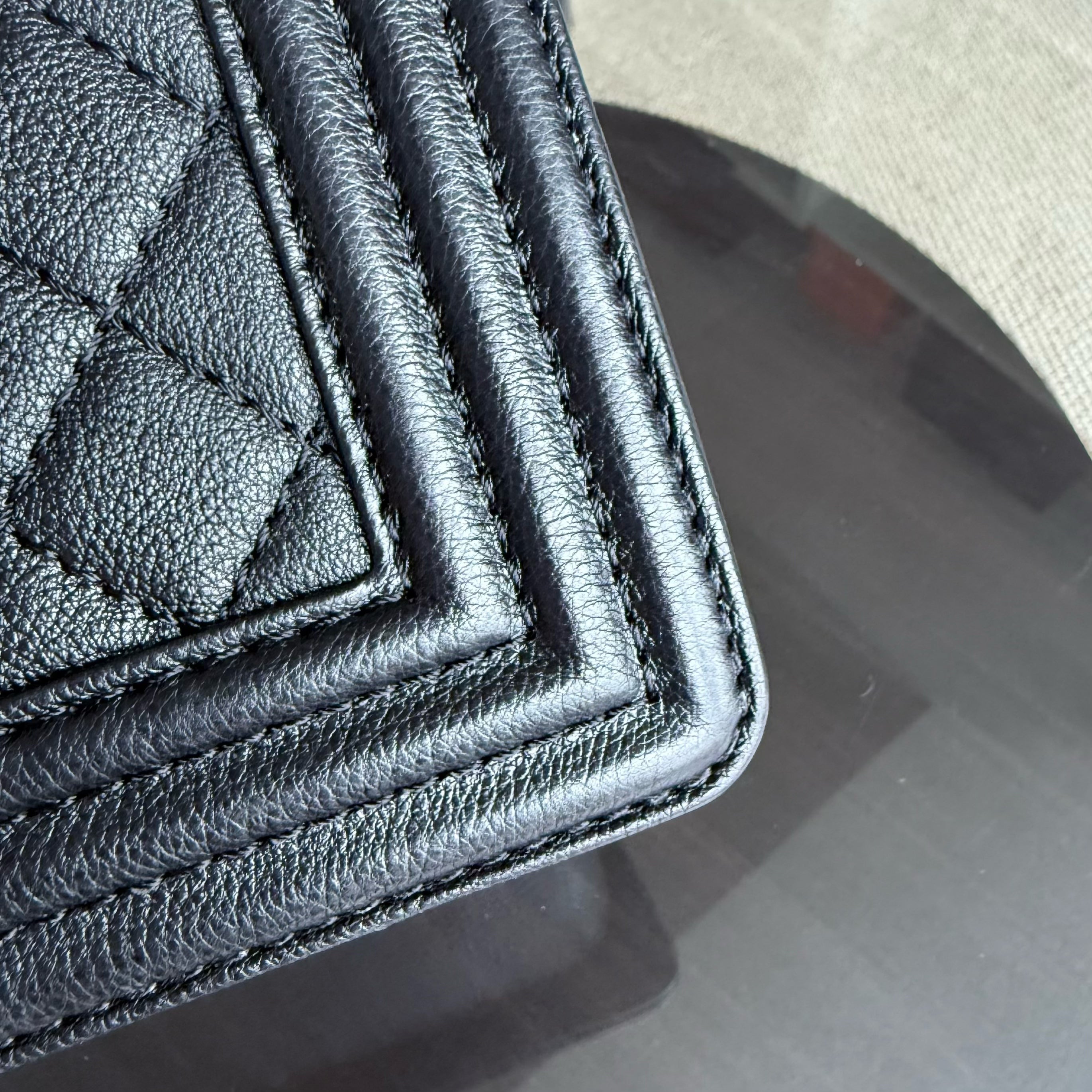 Chanel Boy Medium - 25CM Quilted Grained Aged Calfskin Black Ruthenium Silver Hardware Series 18