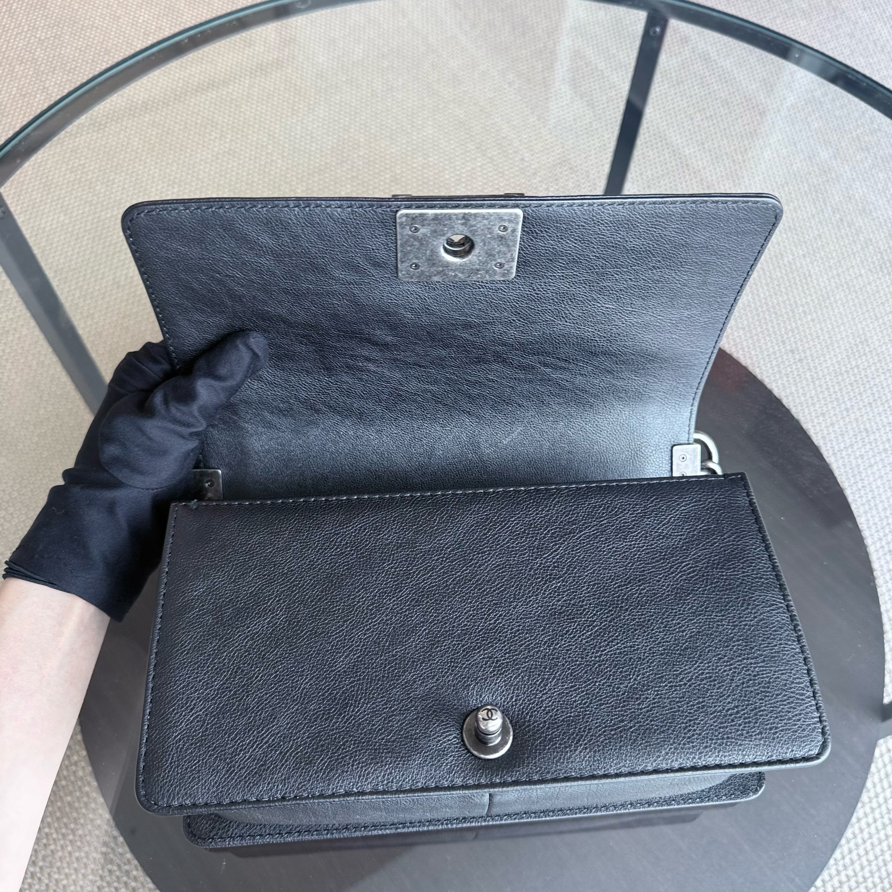 Chanel Boy Medium - 25CM Quilted Grained Aged Calfskin Black Ruthenium Silver Hardware Series 18