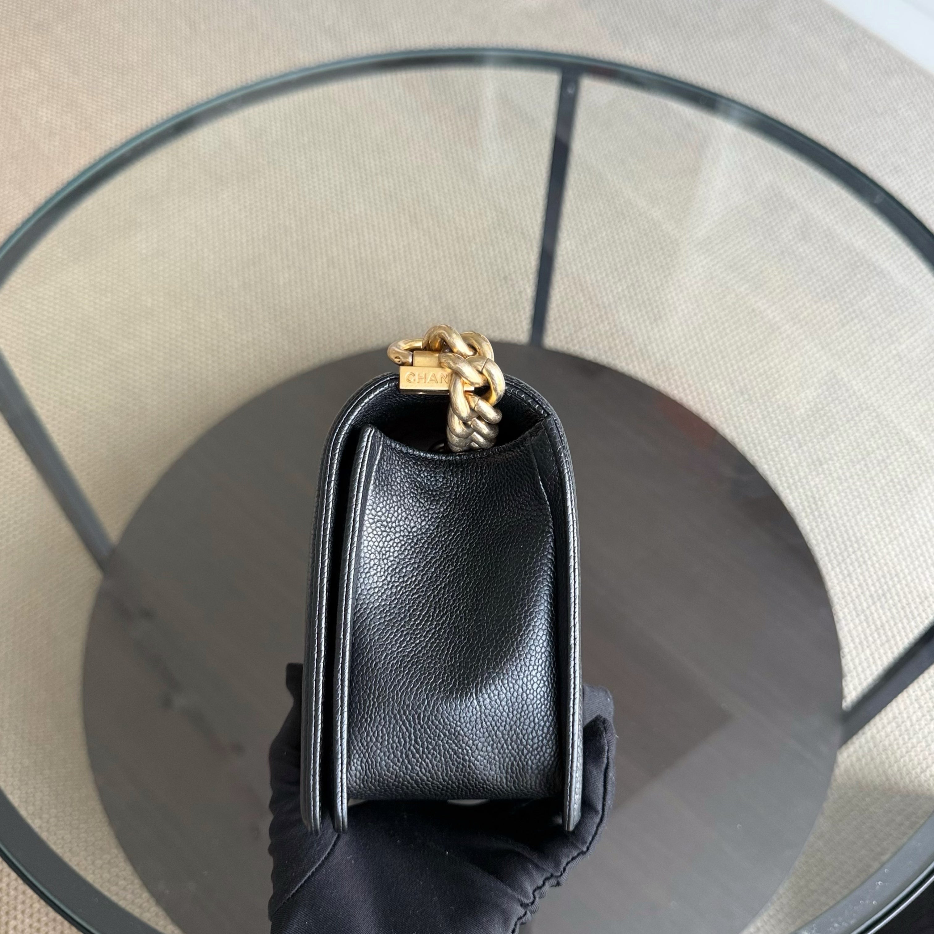 Chanel Boy Medium - Caviar 25CM Quilted Grained Calfskin Black Gold Hardware Series 23