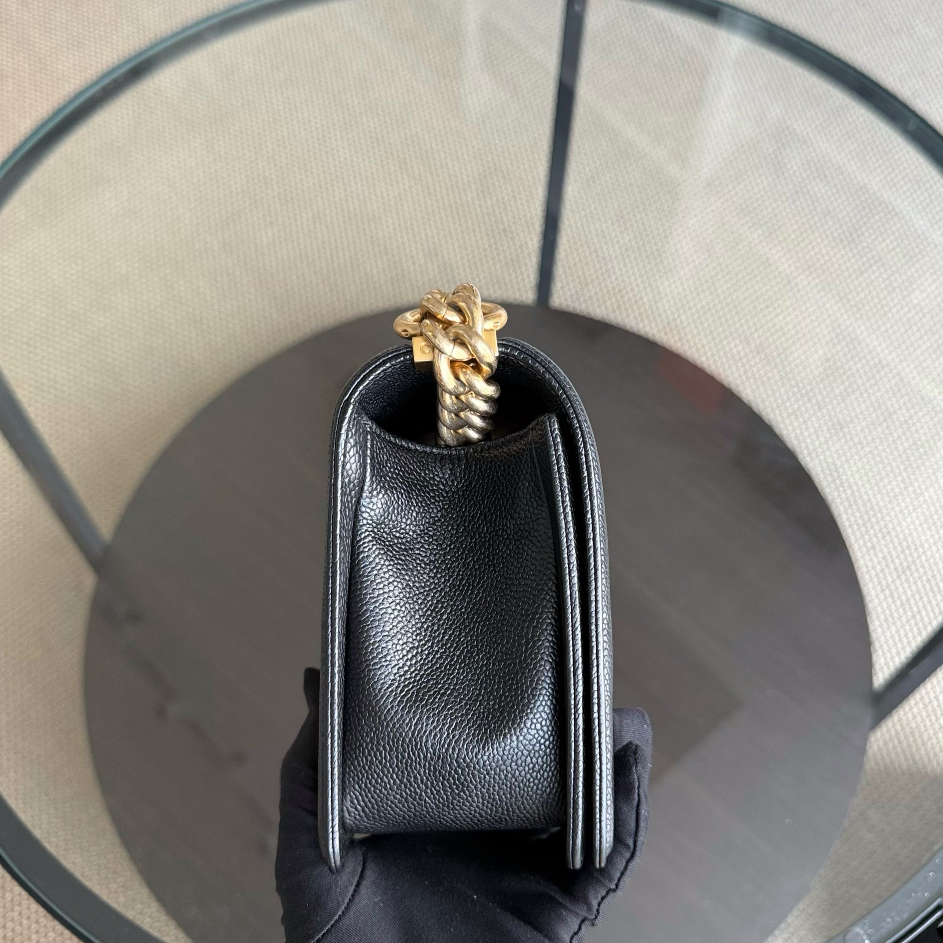 Chanel Boy Medium - Caviar 25CM Quilted Grained Calfskin Black Gold Hardware Series 23