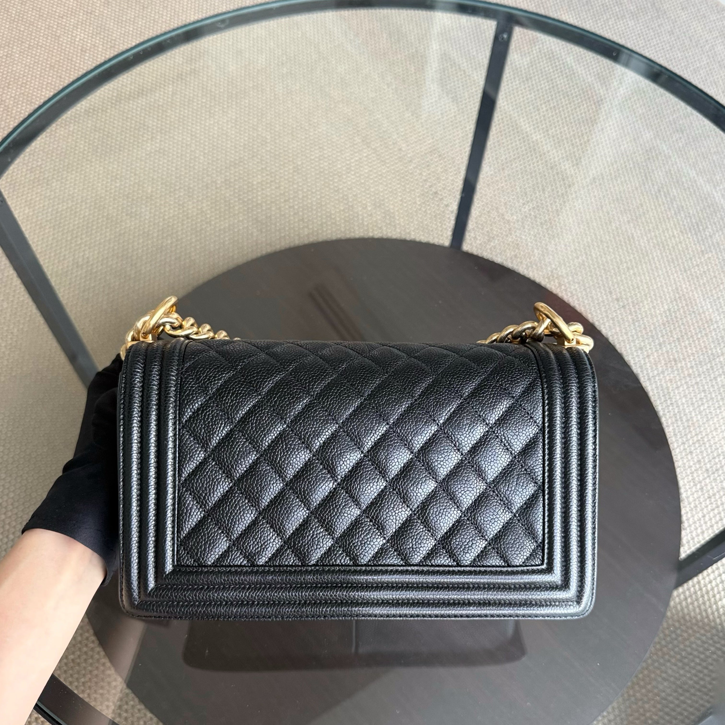 Chanel Boy Medium - Caviar 25CM Quilted Grained Calfskin Black Gold Hardware Series 23