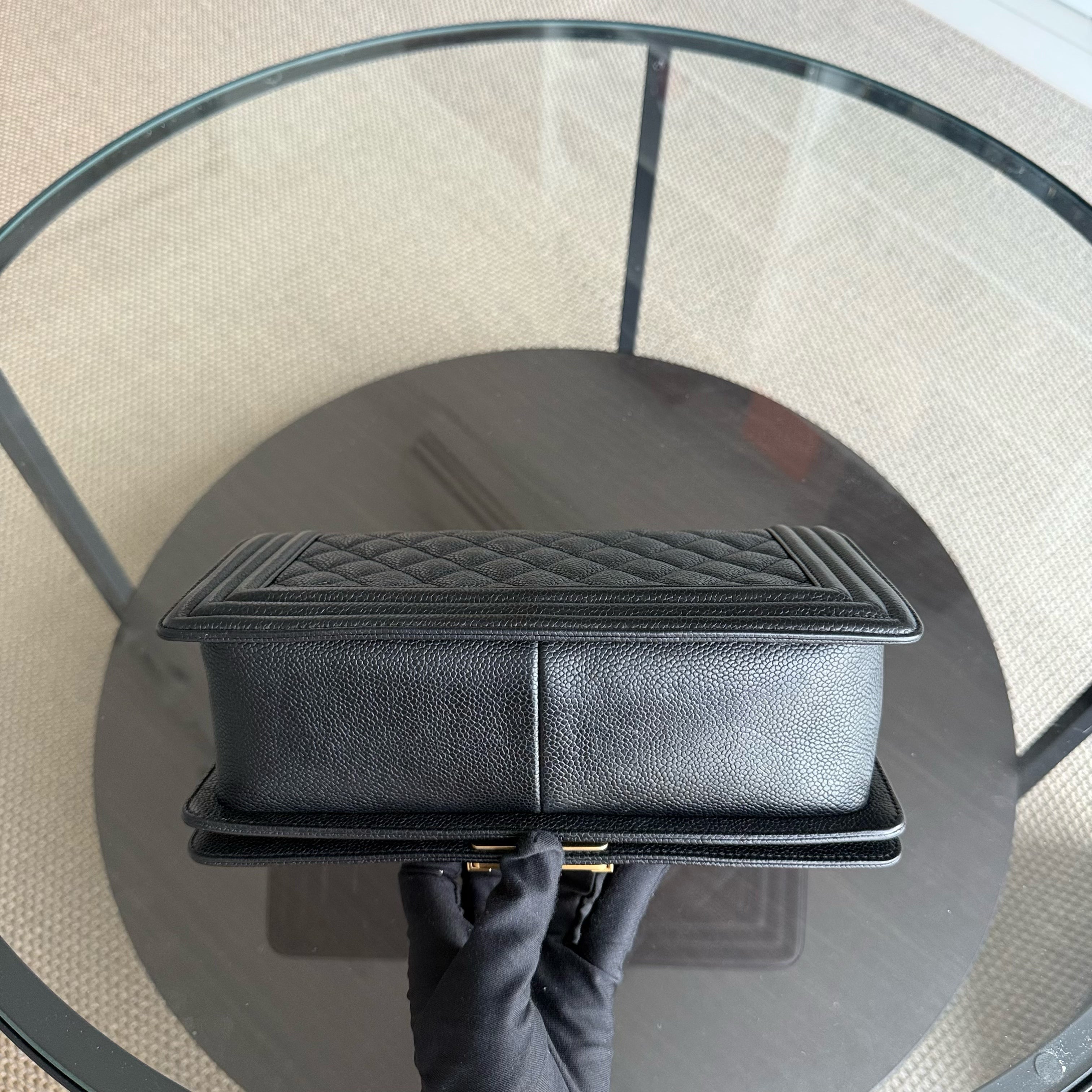 Chanel Boy Medium - Caviar 25CM Quilted Grained Calfskin Black Gold Hardware Series 23