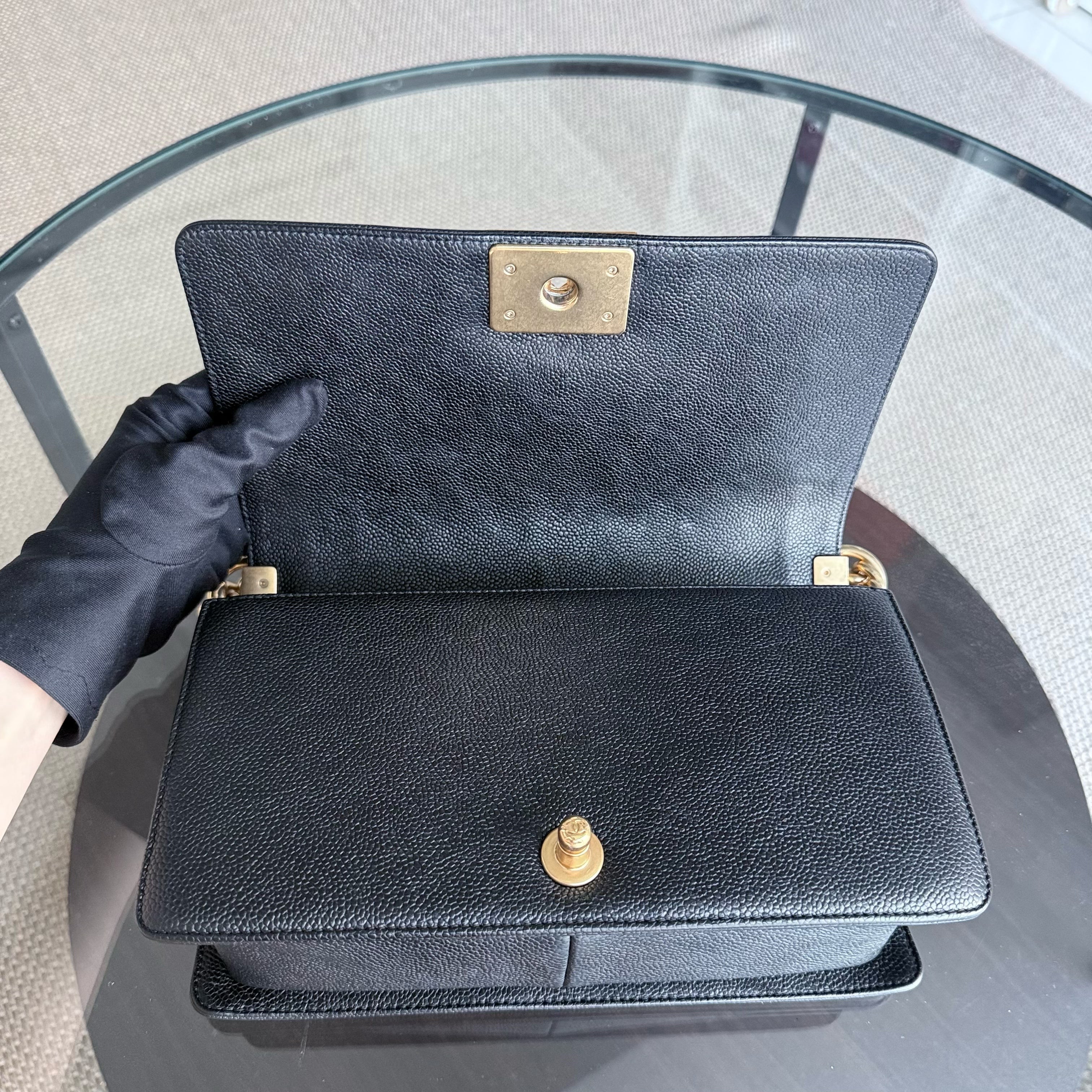 Chanel Boy Medium - Caviar 25CM Quilted Grained Calfskin Black Gold Hardware Series 23