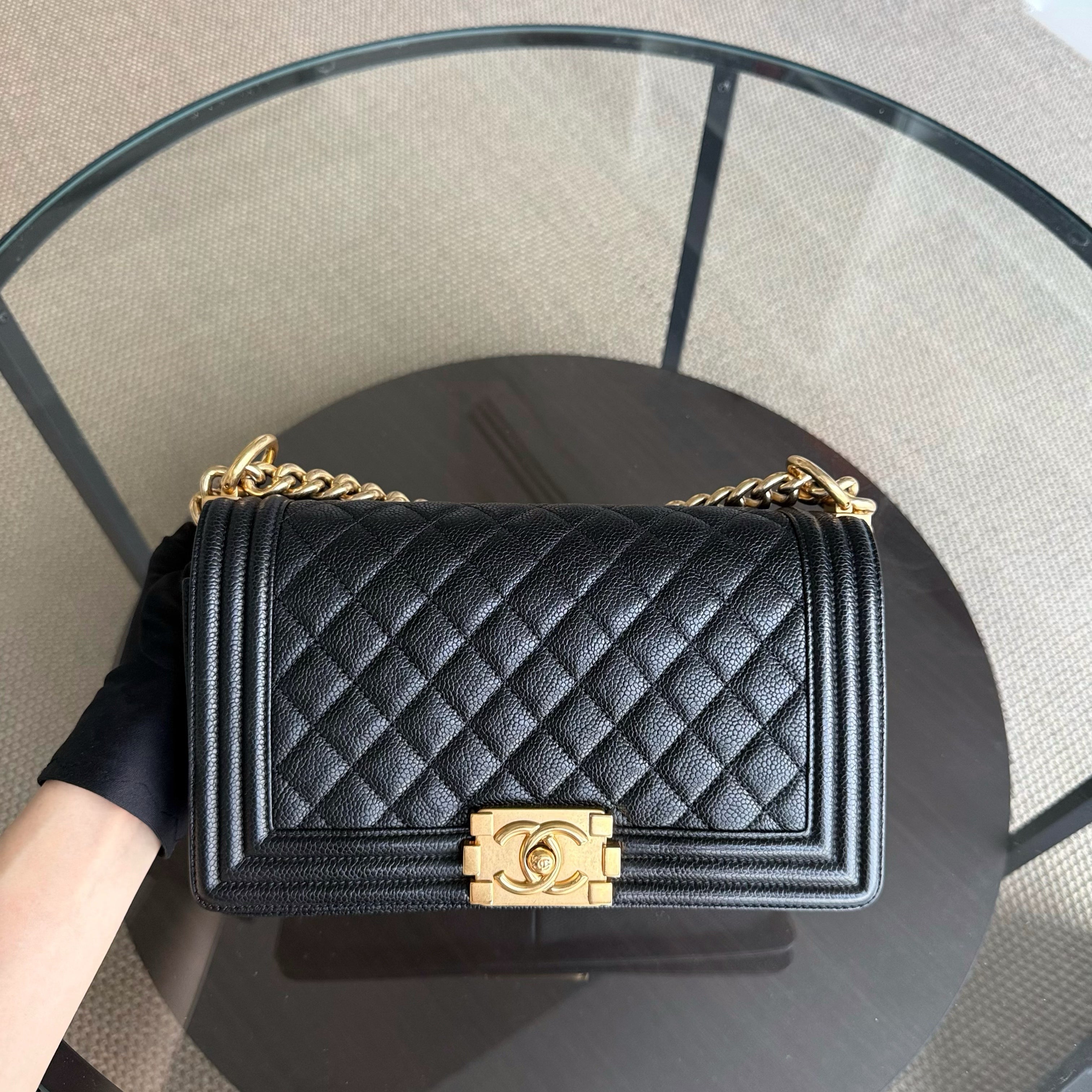 Chanel Boy Medium - Caviar 25CM Quilted Grained Calfskin Black Gold Hardware Series 23