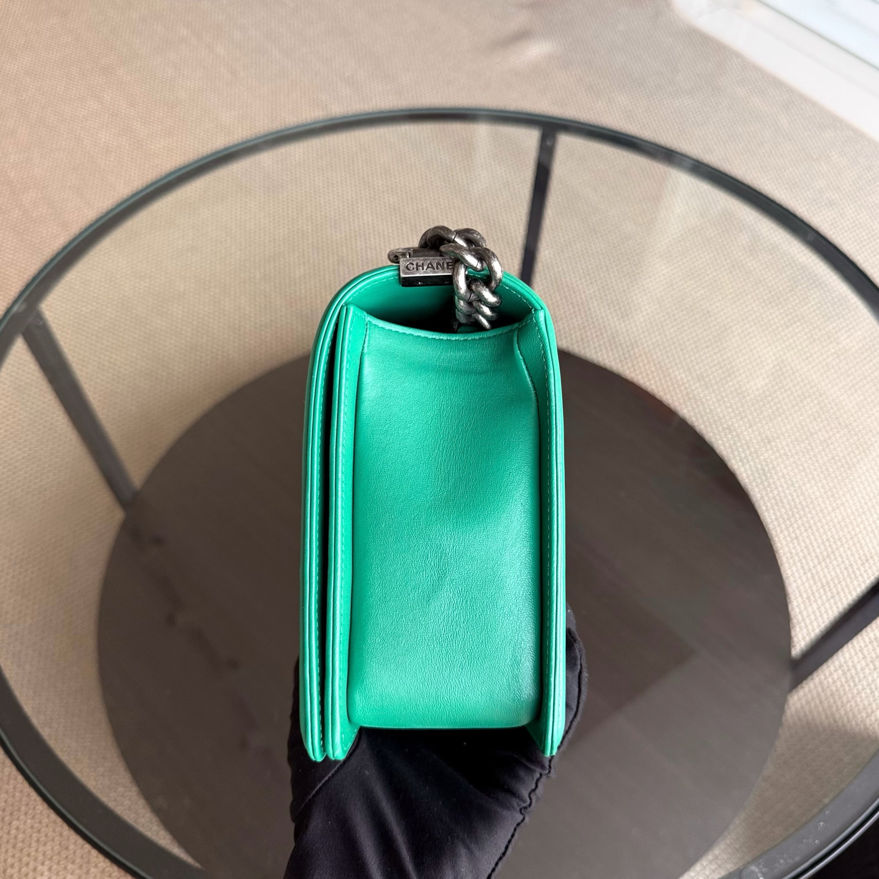 Chanel Boy New Medium - 28CM Quilted Lambskin Green Ruthenium Silver Hardware Series 23