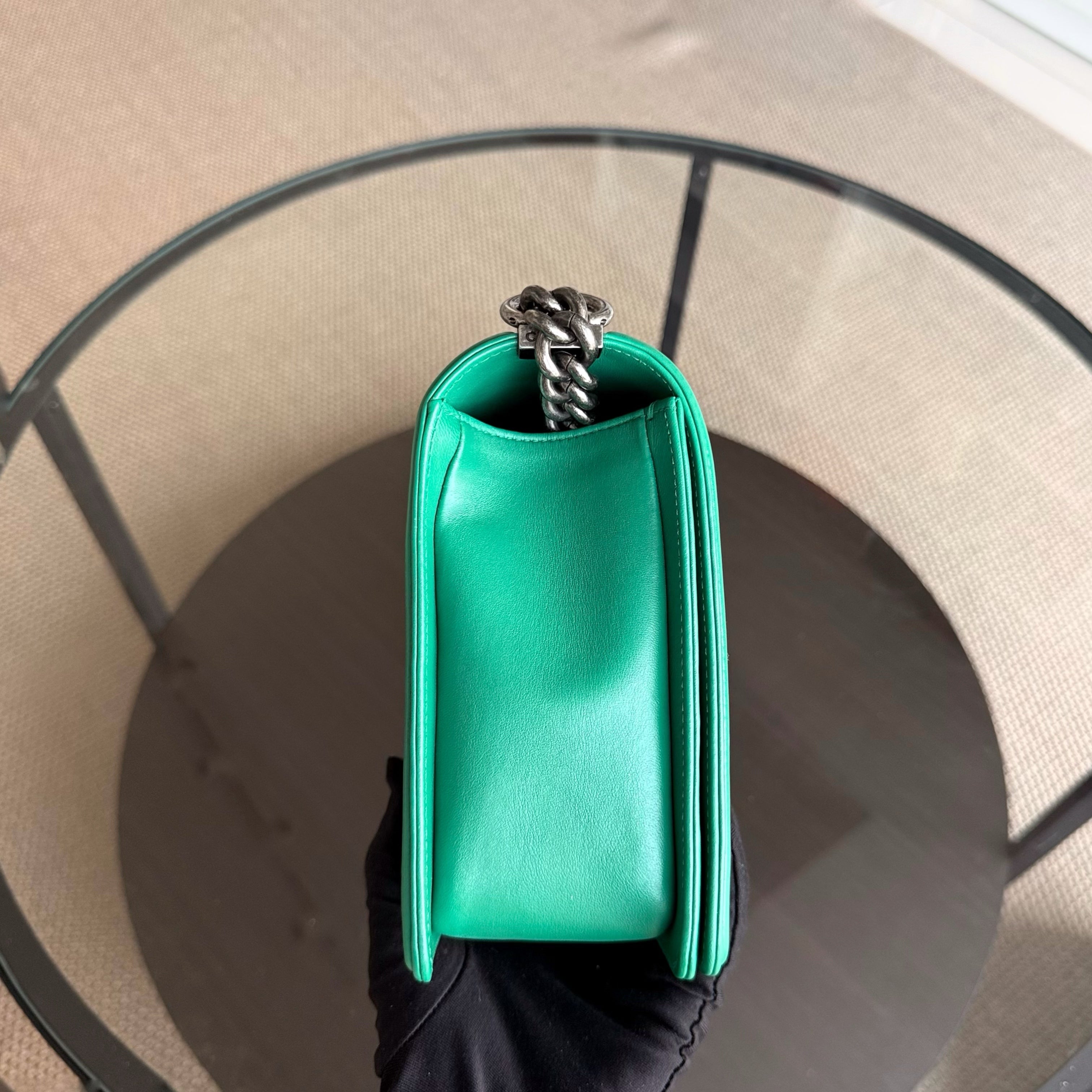 Chanel Boy New Medium - 28CM Quilted Lambskin Green Ruthenium Silver Hardware Series 23