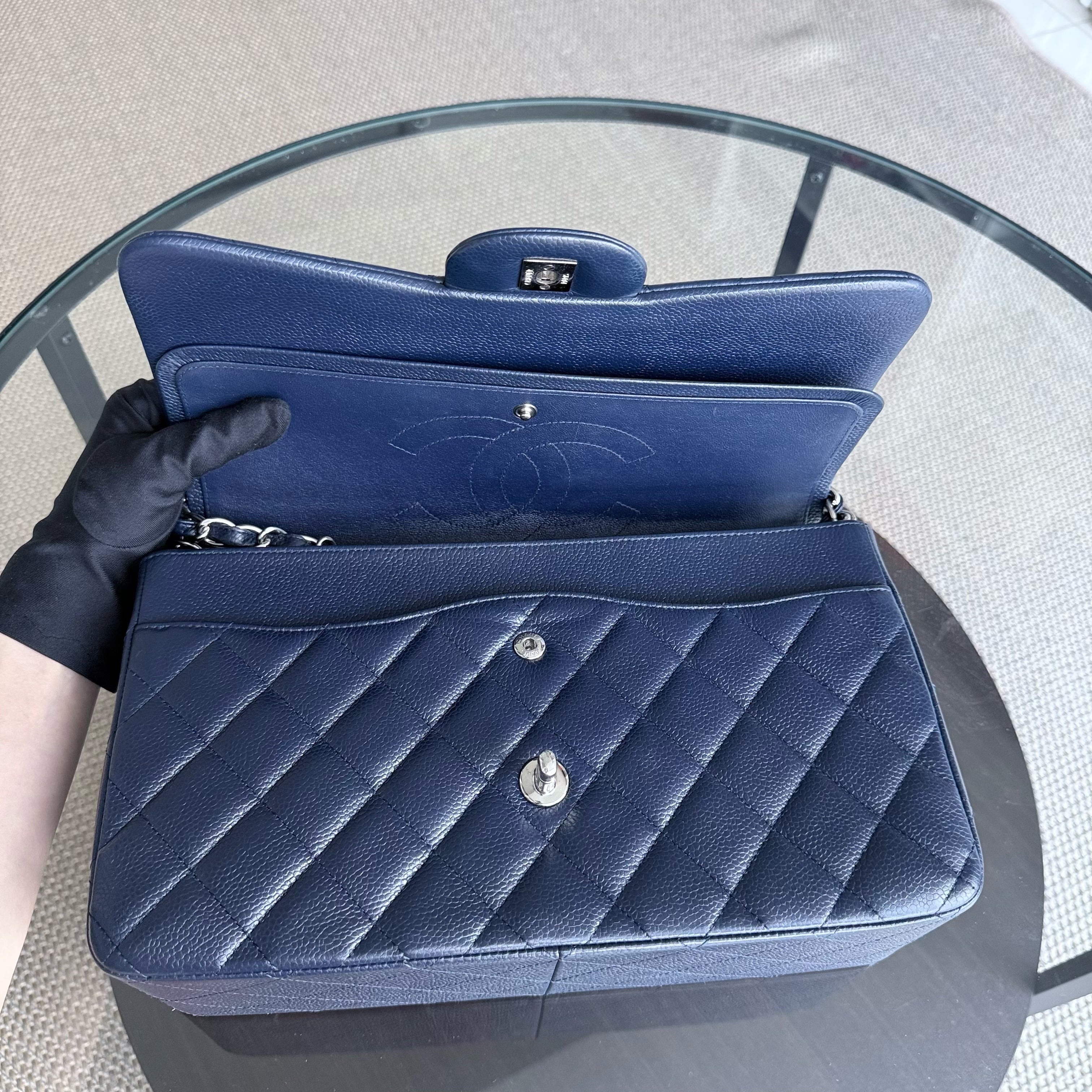 Chanel Classic Flap Jumbo - Caviar Double Flap 30CM Quilted Dark Navy Blue Silver Hardware Series 19