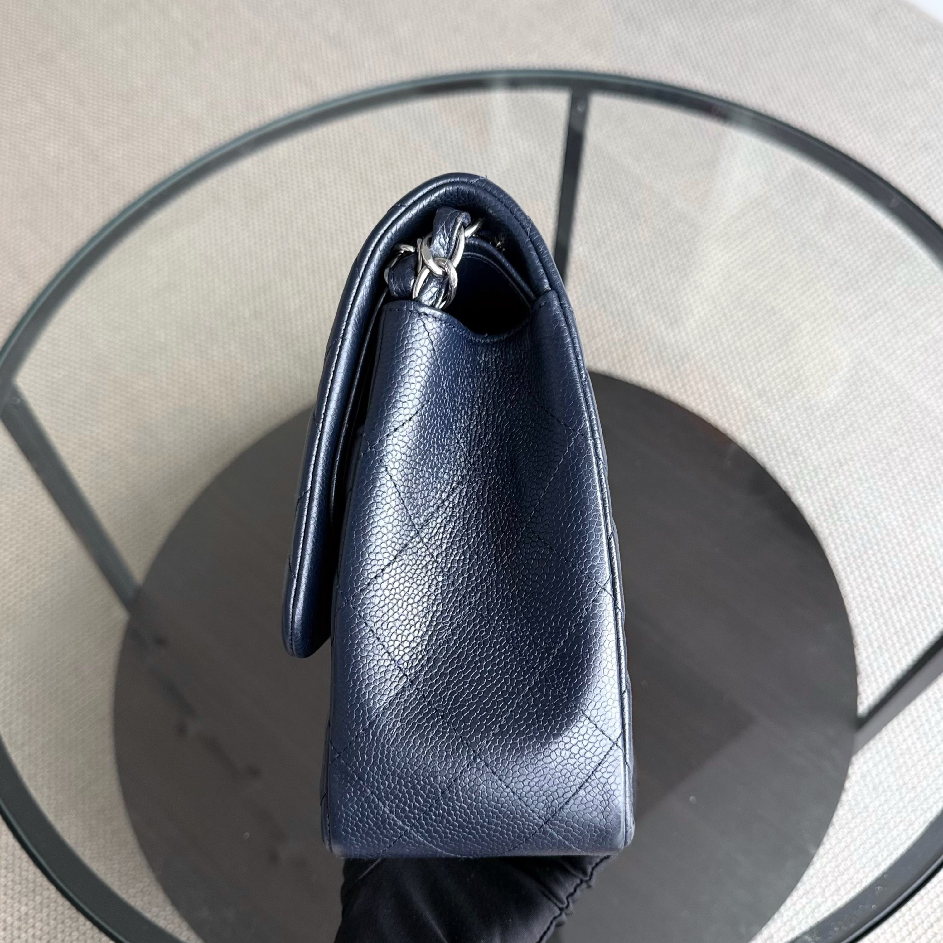 Chanel Classic Flap Jumbo - Caviar Double Flap 30CM Quilted Dark Navy Blue Silver Hardware Series 19