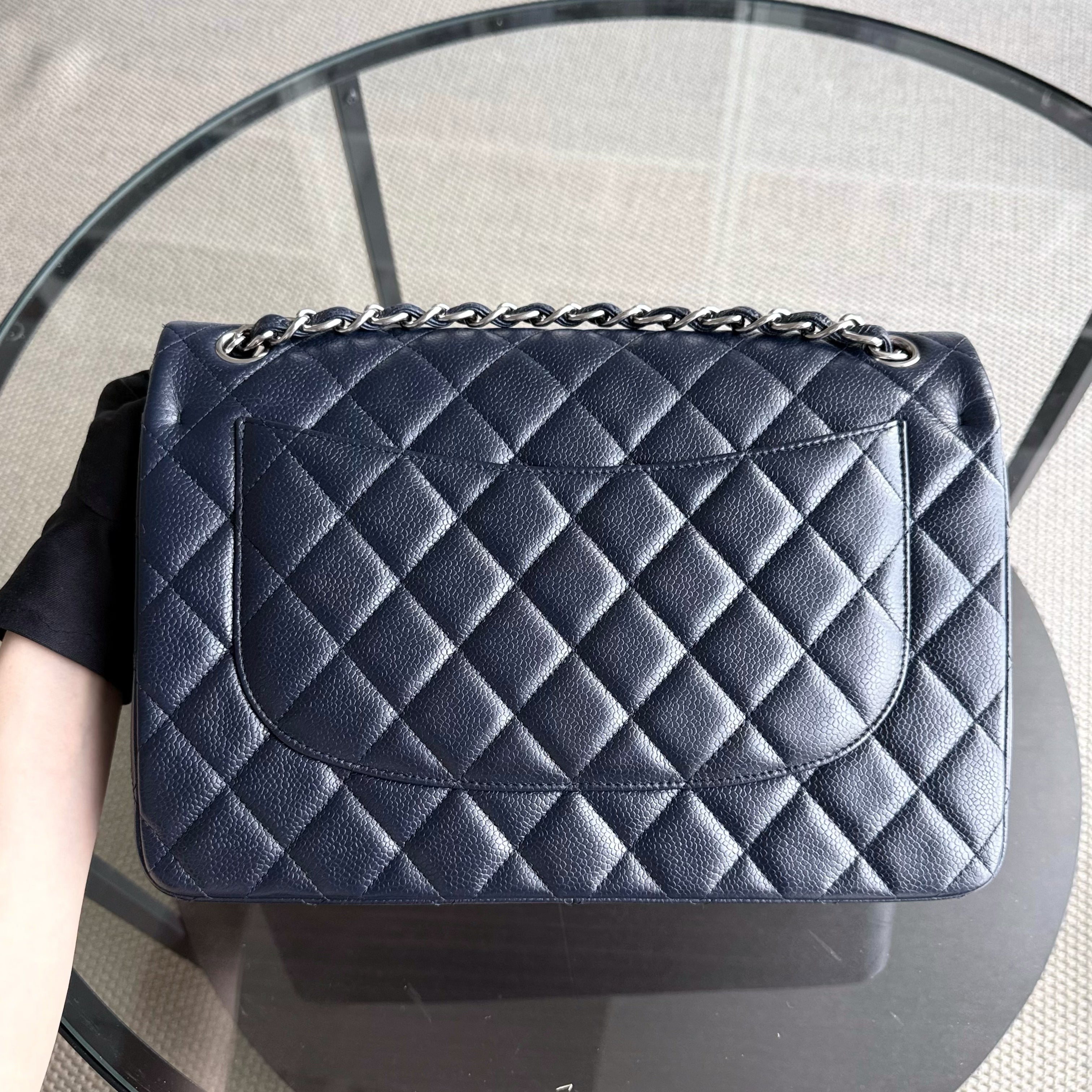 Chanel Classic Flap Jumbo - Caviar Double Flap 30CM Quilted Dark Navy Blue Silver Hardware Series 19