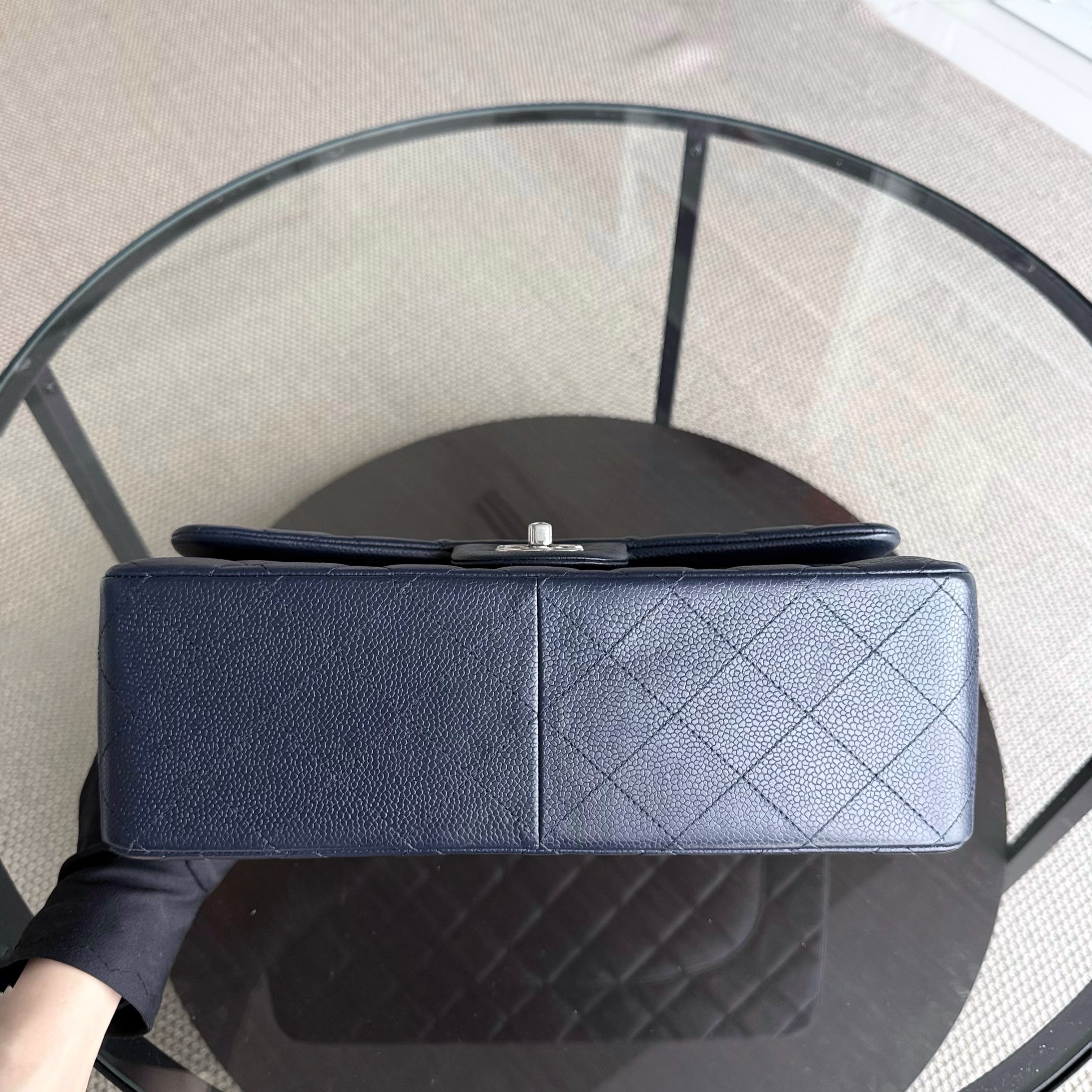 Chanel Classic Flap Jumbo - Caviar Double Flap 30CM Quilted Dark Navy Blue Silver Hardware Series 19