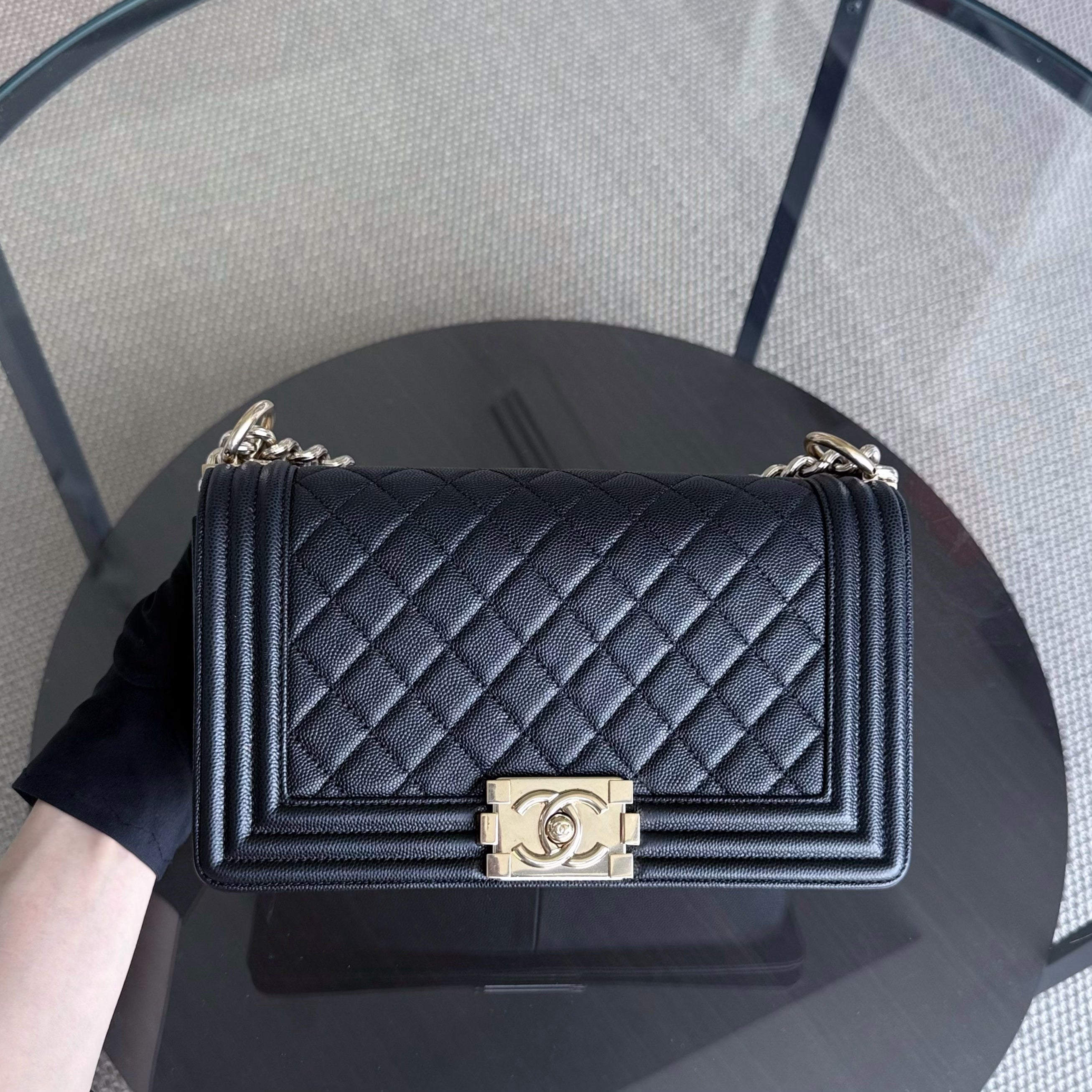 Chanel Boy Medium - Caviar Quilted Grained Calfskin Black Gold Hardware