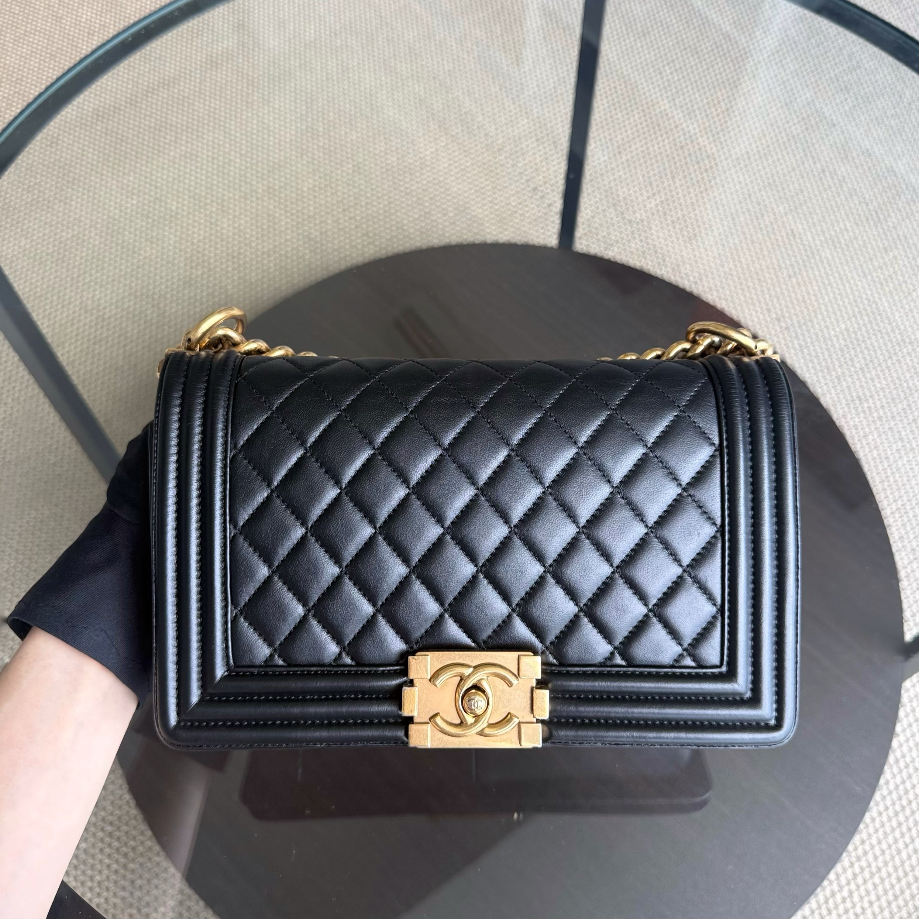 Chanel Boy Medium - 25CM Quilted Lambskin Black Gold Hardware Series 18