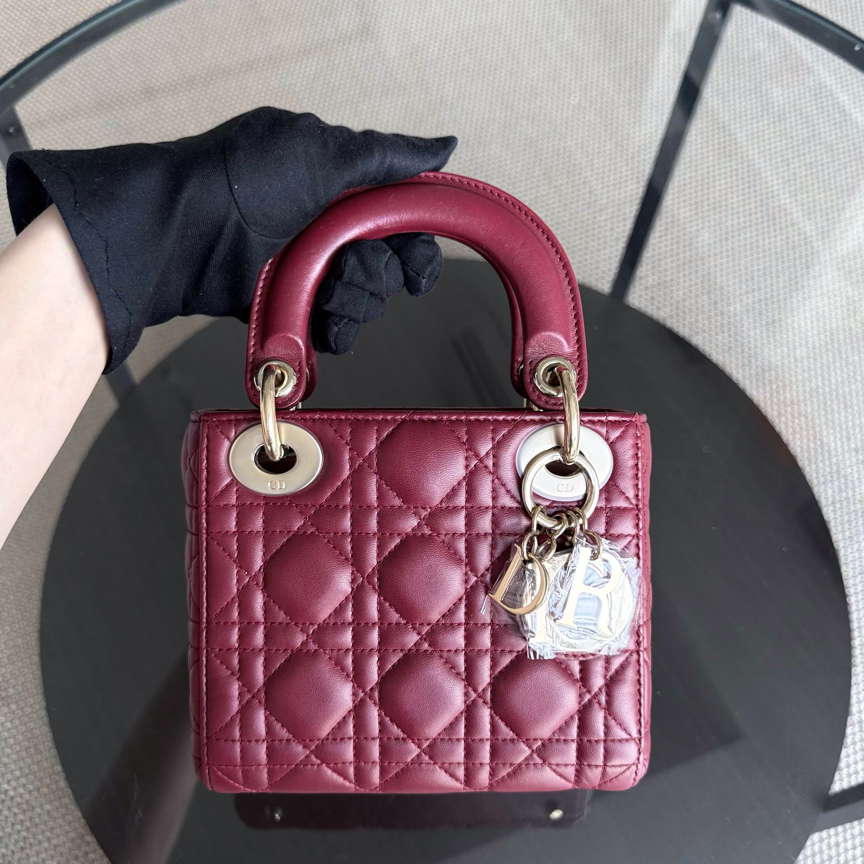 Dior Lady Mini - Cannage Lambskin Burgundy Gold Hardware