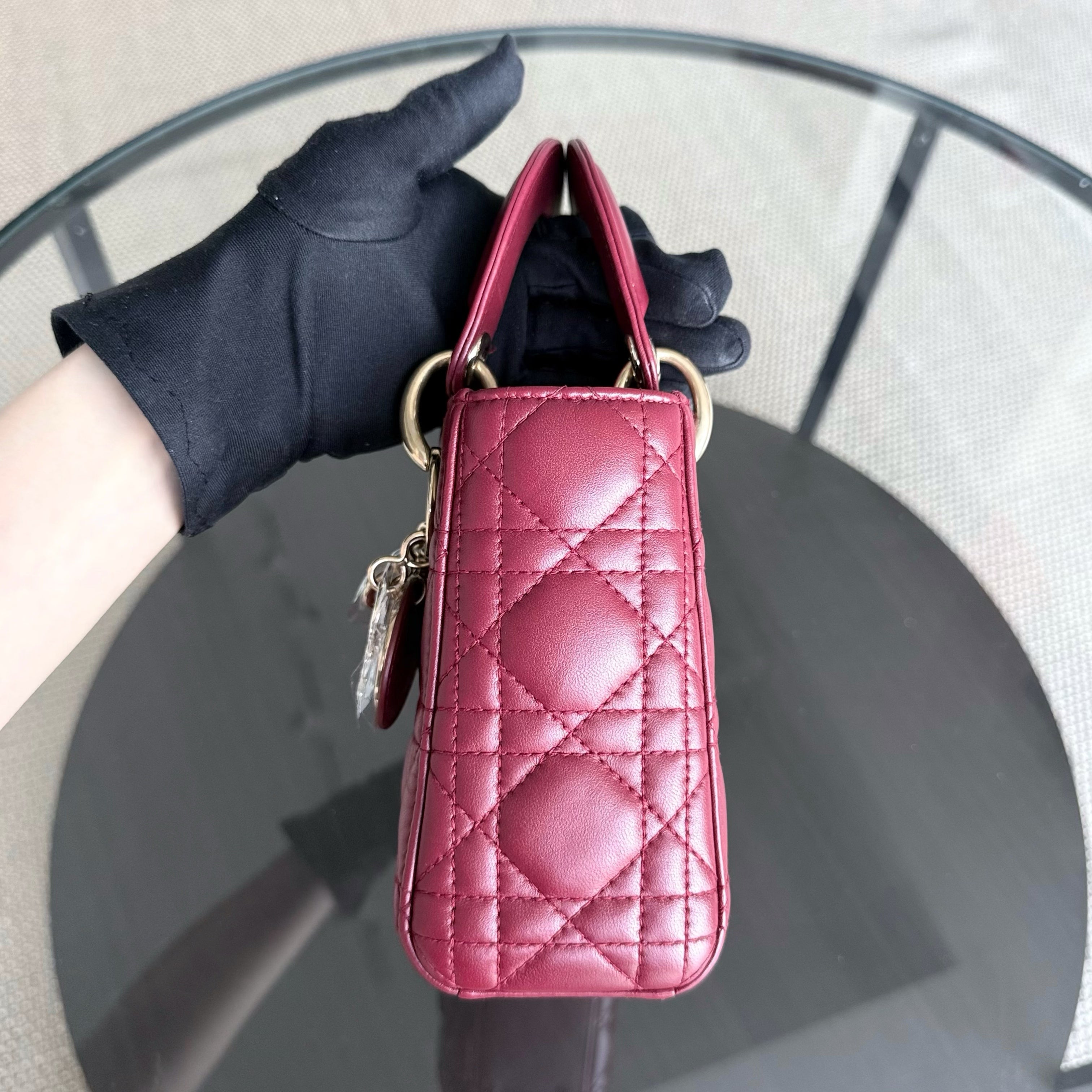 Dior Lady Mini - Cannage Lambskin Burgundy Gold Hardware