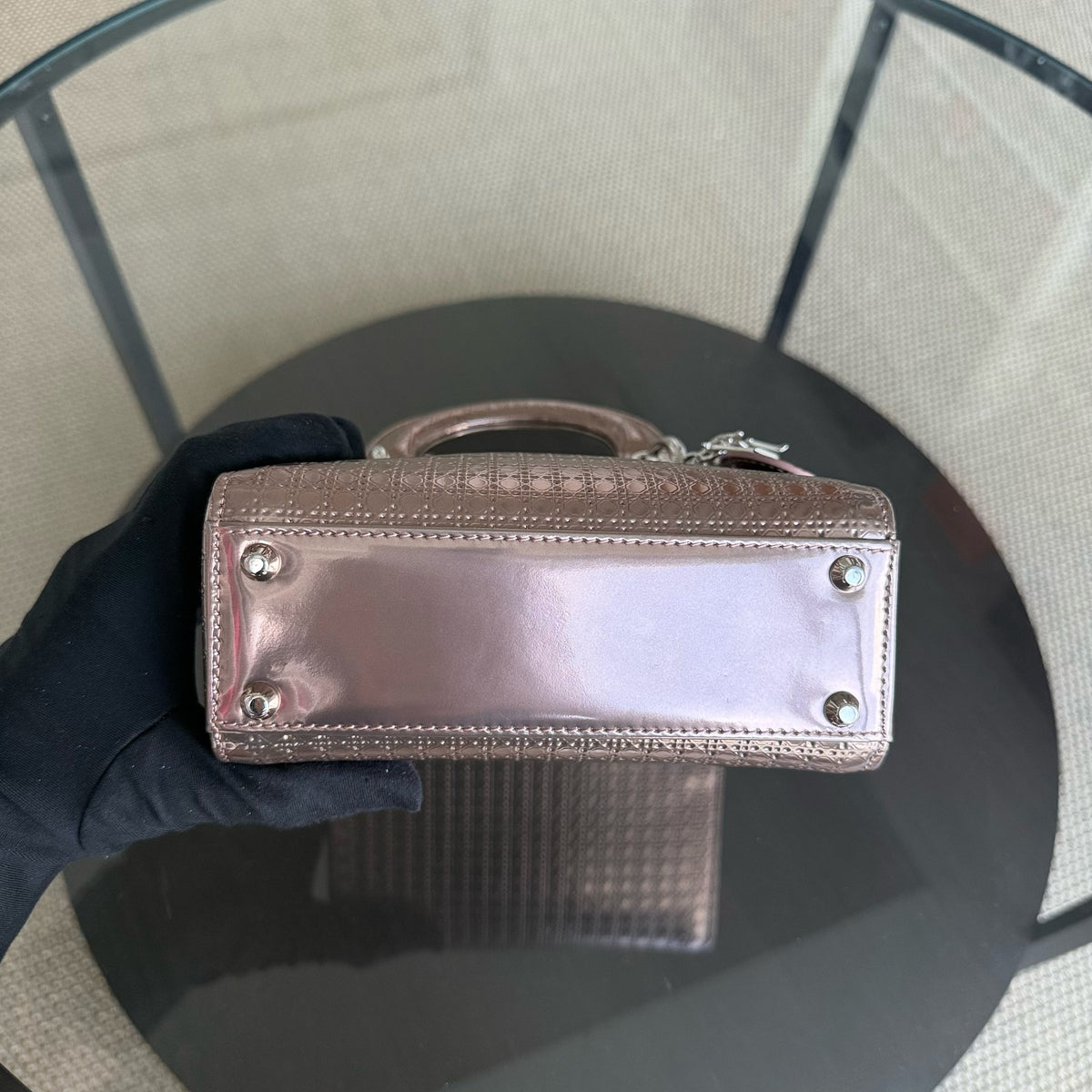 Dior Lady Mini - Calfskin Micro-Cannage Metallic Rose Gold Silver Hardware Chain Strap