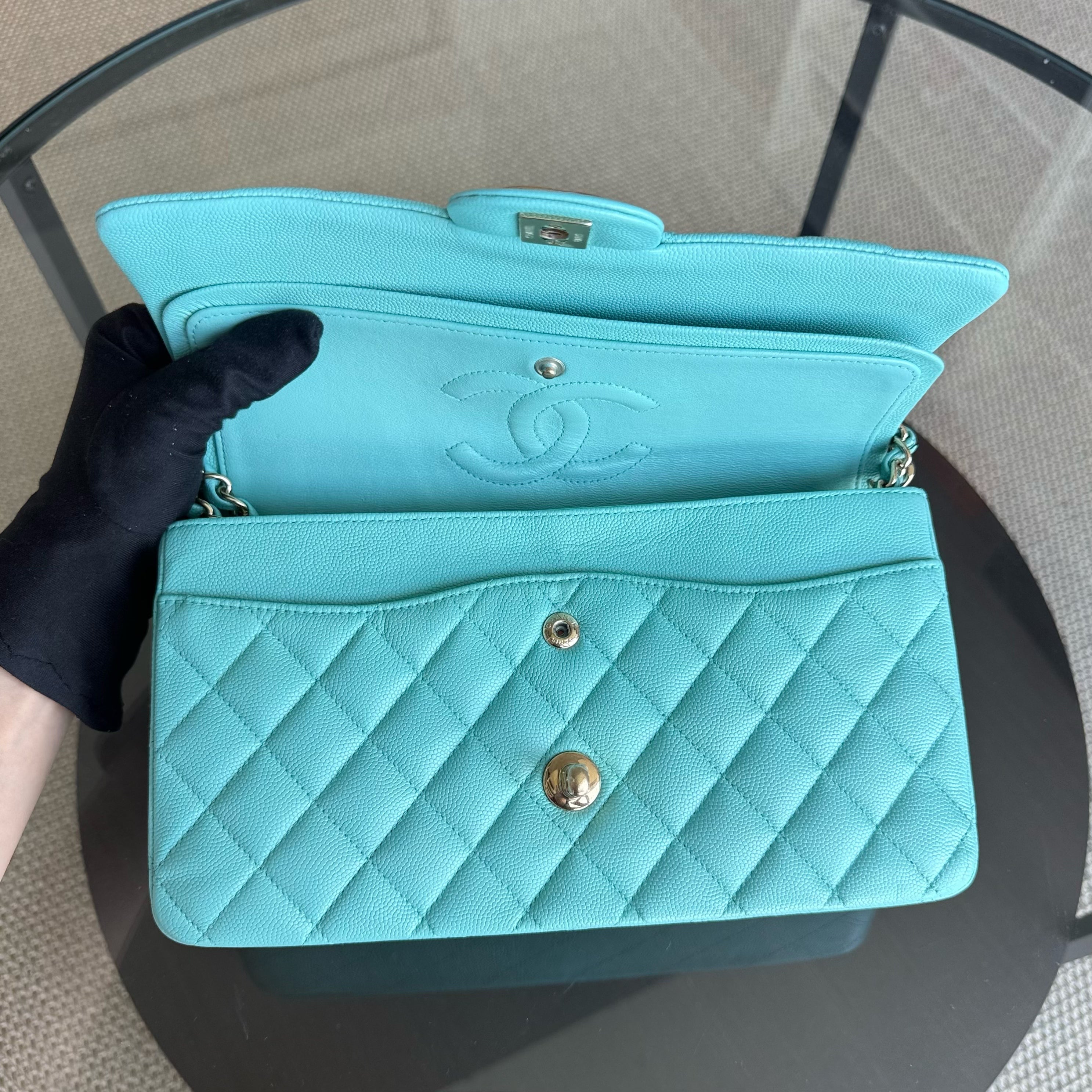 Chanel Classic Flap Medium - Caviar 25CM Quilted Grained Calfskin Light Blue Gold Hardware Series 26