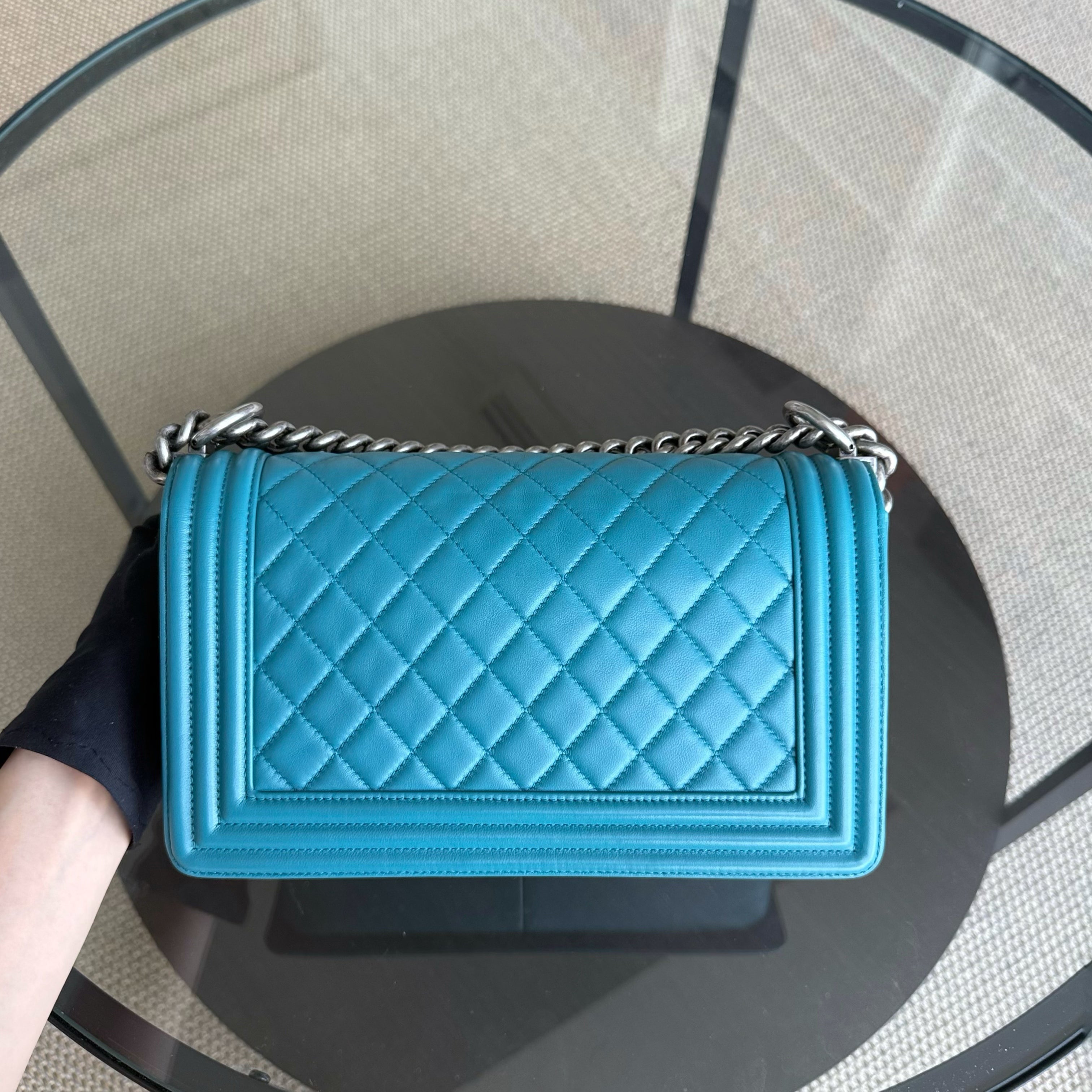 Chanel Boy Medium - 25CM Quilted Lambskin Blue Ruthenium Silver Hardware Series 19