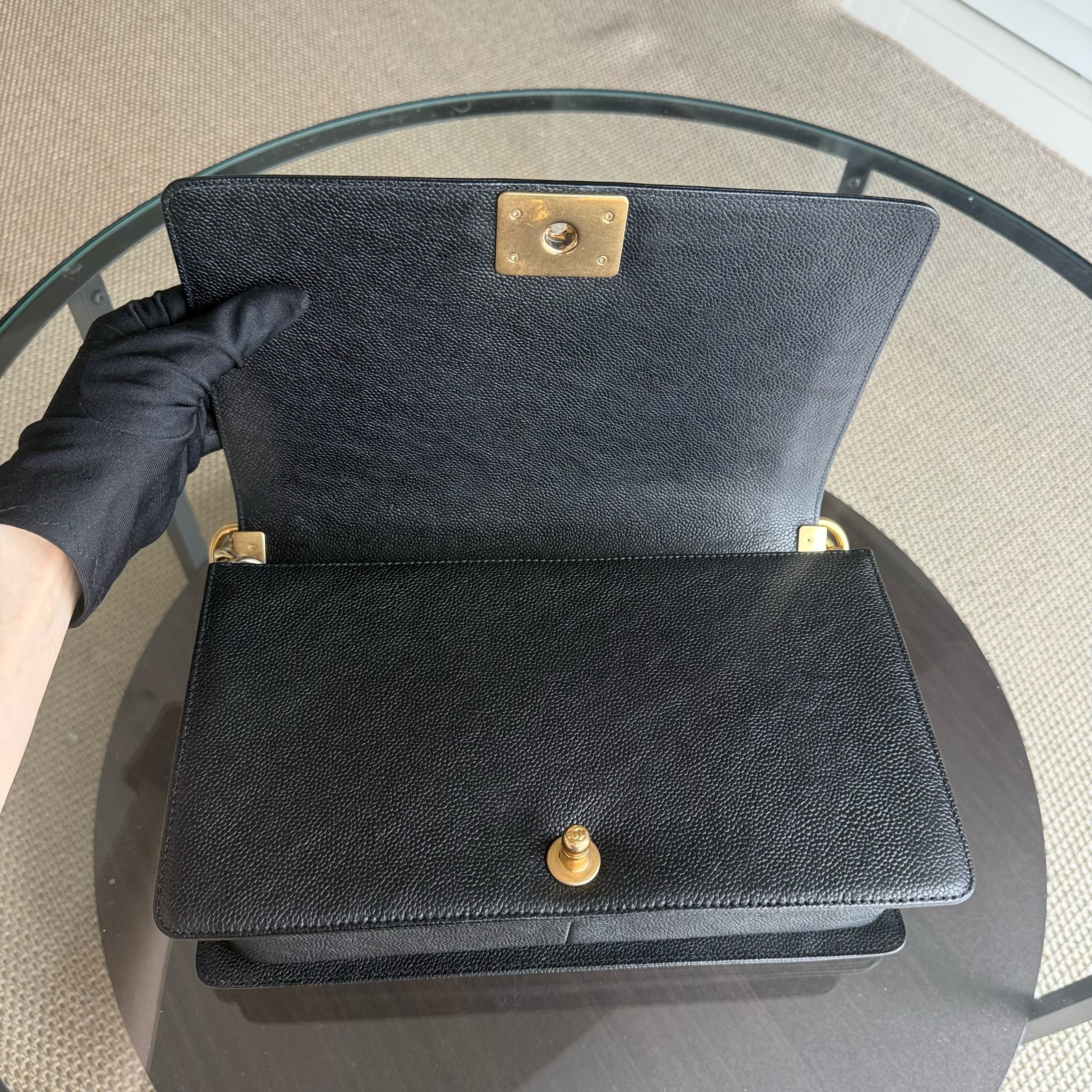 Chanel Boy New Medium - Caviar 28CM Quilted Grained Calfskin Black Gold Hardware Series 23