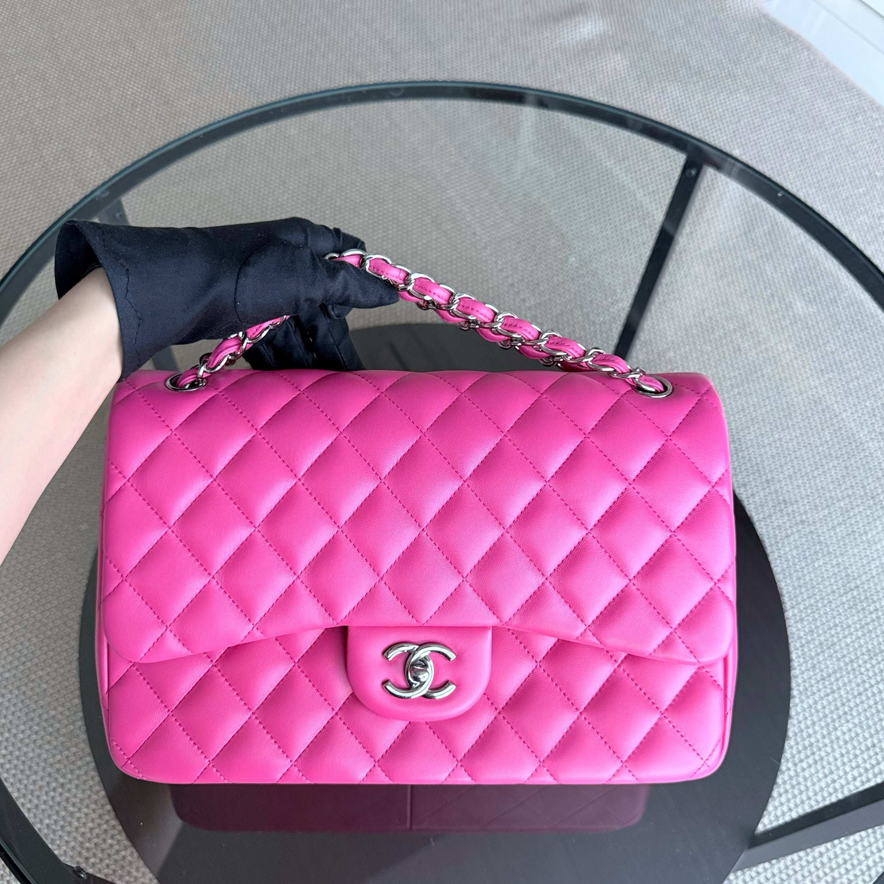 Chanel Classic Flap Jumbo - Double Flap 30CM Quilted Lambskin Hot Pink Silver Hardware Series 19