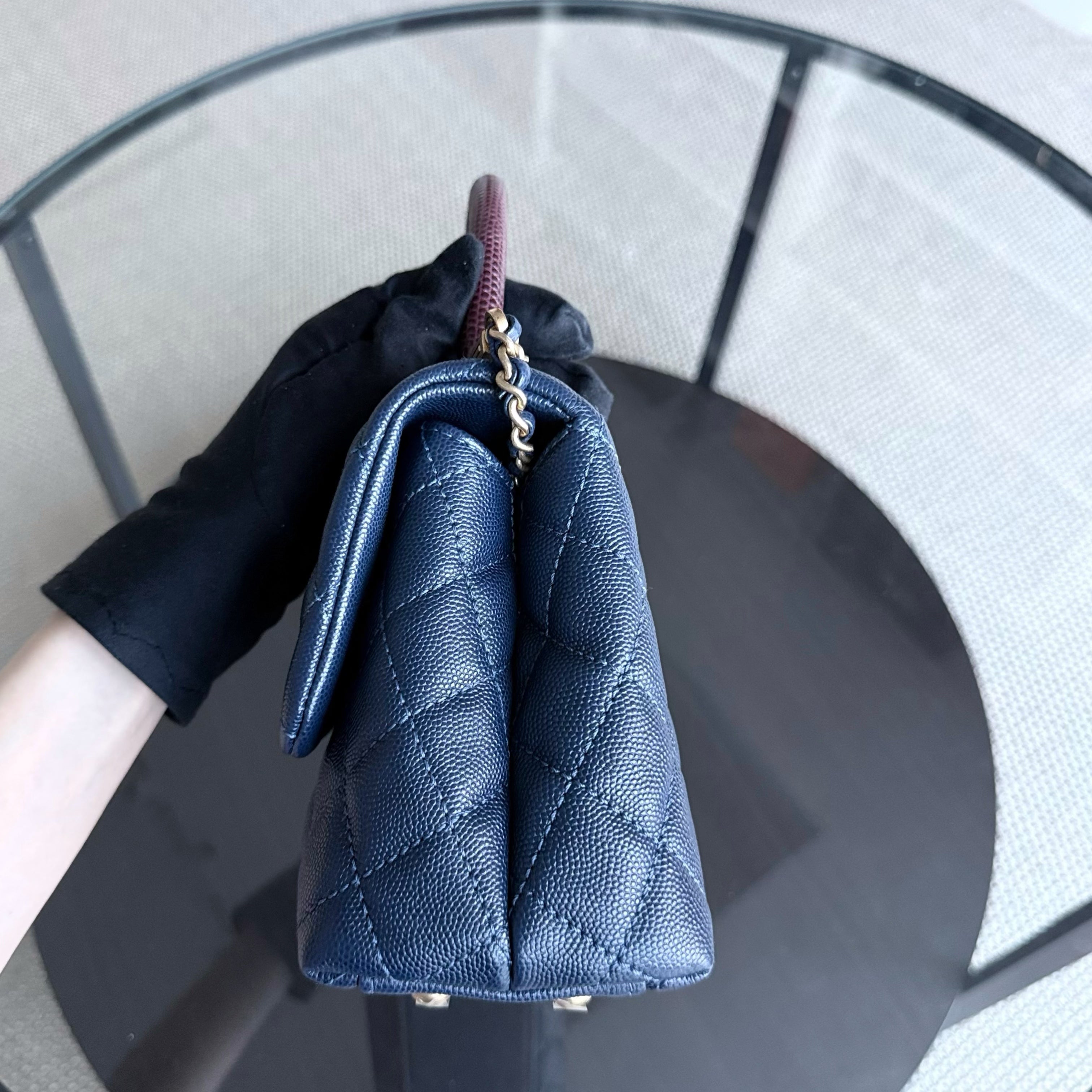 Chanel Coco Handle Small - Caviar Quilted Grained Calfskin Dark Navy Blue Lizard Handle Gold Hardware Series 24