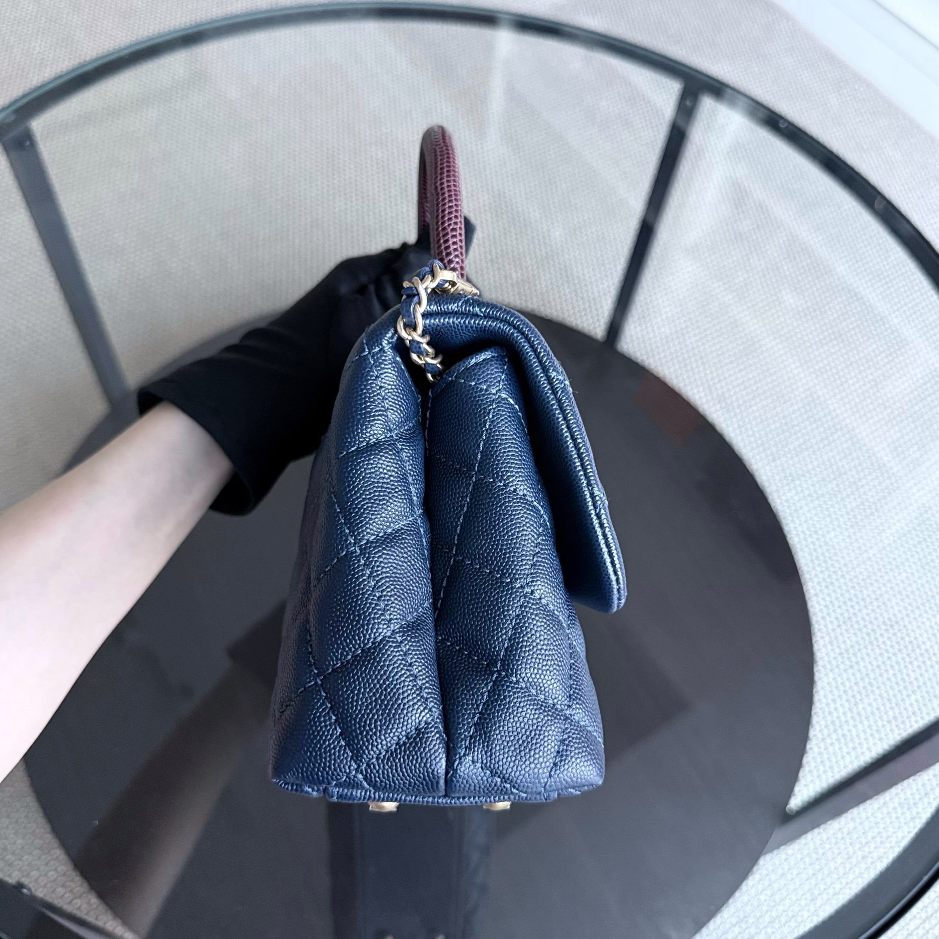 Chanel Coco Handle Small - Caviar Quilted Grained Calfskin Dark Navy Blue Lizard Handle Gold Hardware Series 24