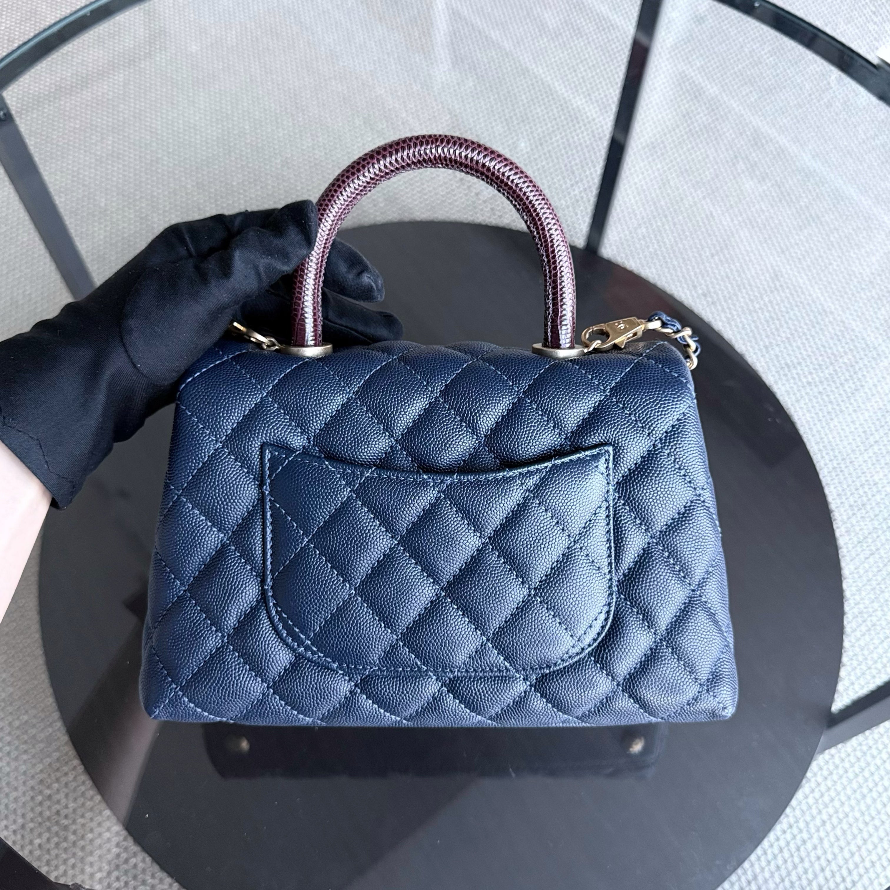 Chanel Coco Handle Small - Caviar Quilted Grained Calfskin Dark Navy Blue Lizard Handle Gold Hardware Series 24