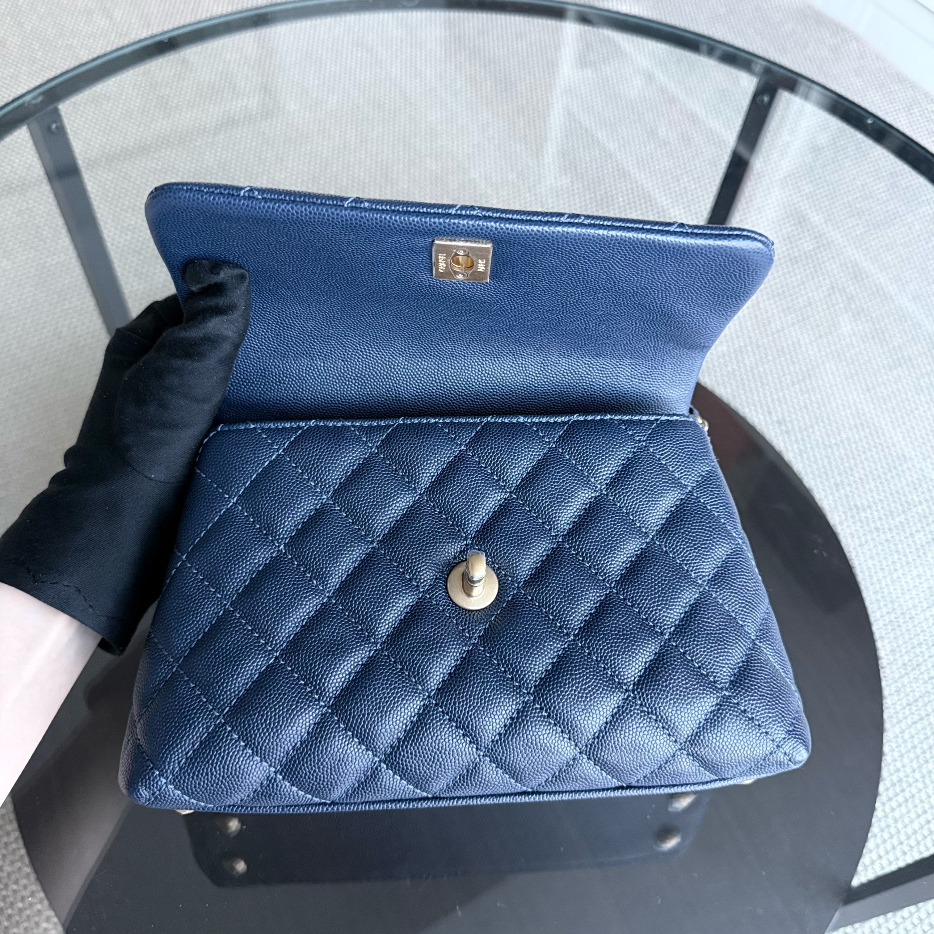 Chanel Coco Handle Small - Caviar Quilted Grained Calfskin Dark Navy Blue Lizard Handle Gold Hardware Series 24