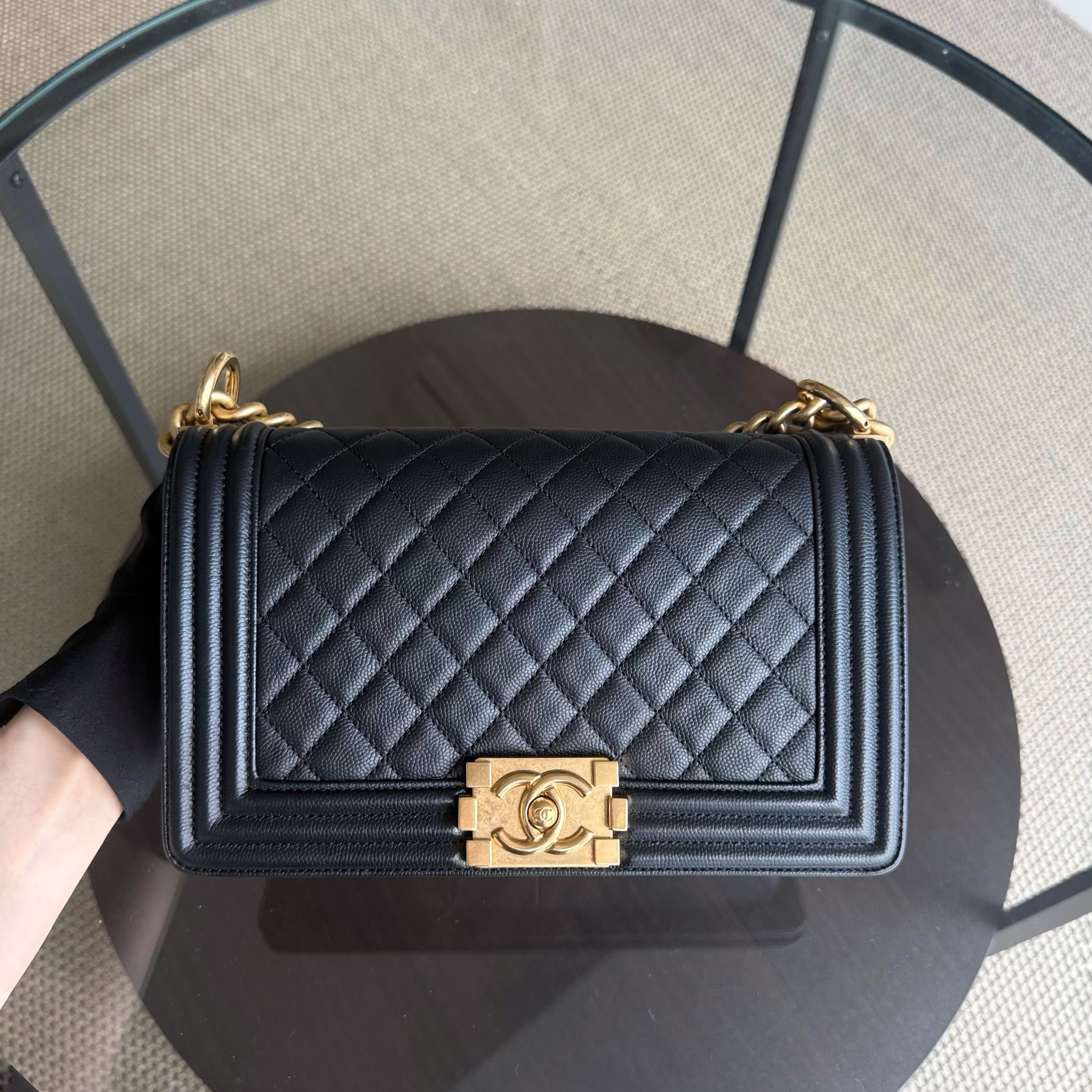 Chanel Boy Medium - Caviar 25CM Quilted Grained Calfskin Black Gold Hardware Series 24